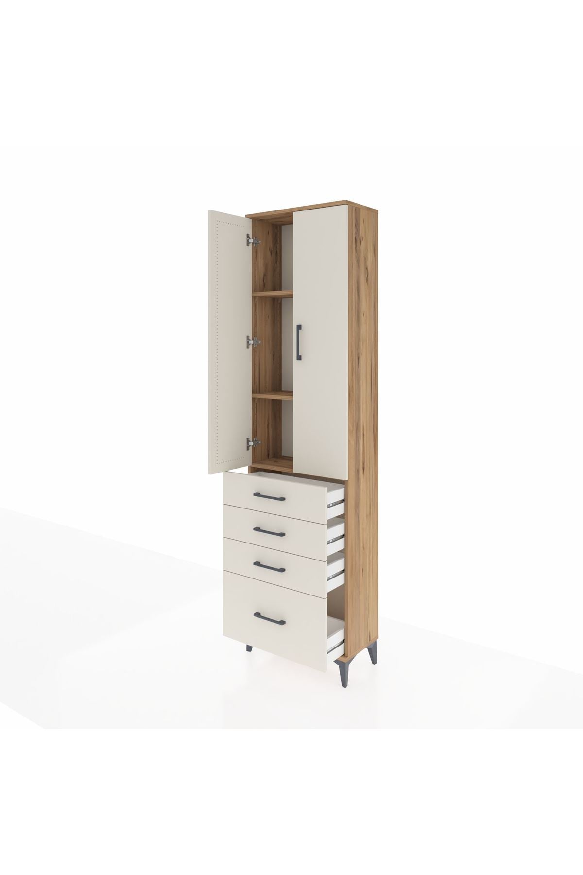 Arges Dolap 3 Raflı 4 Çekmeceli 2 Kapaklı 60x30x221 Çam-Aytaşı