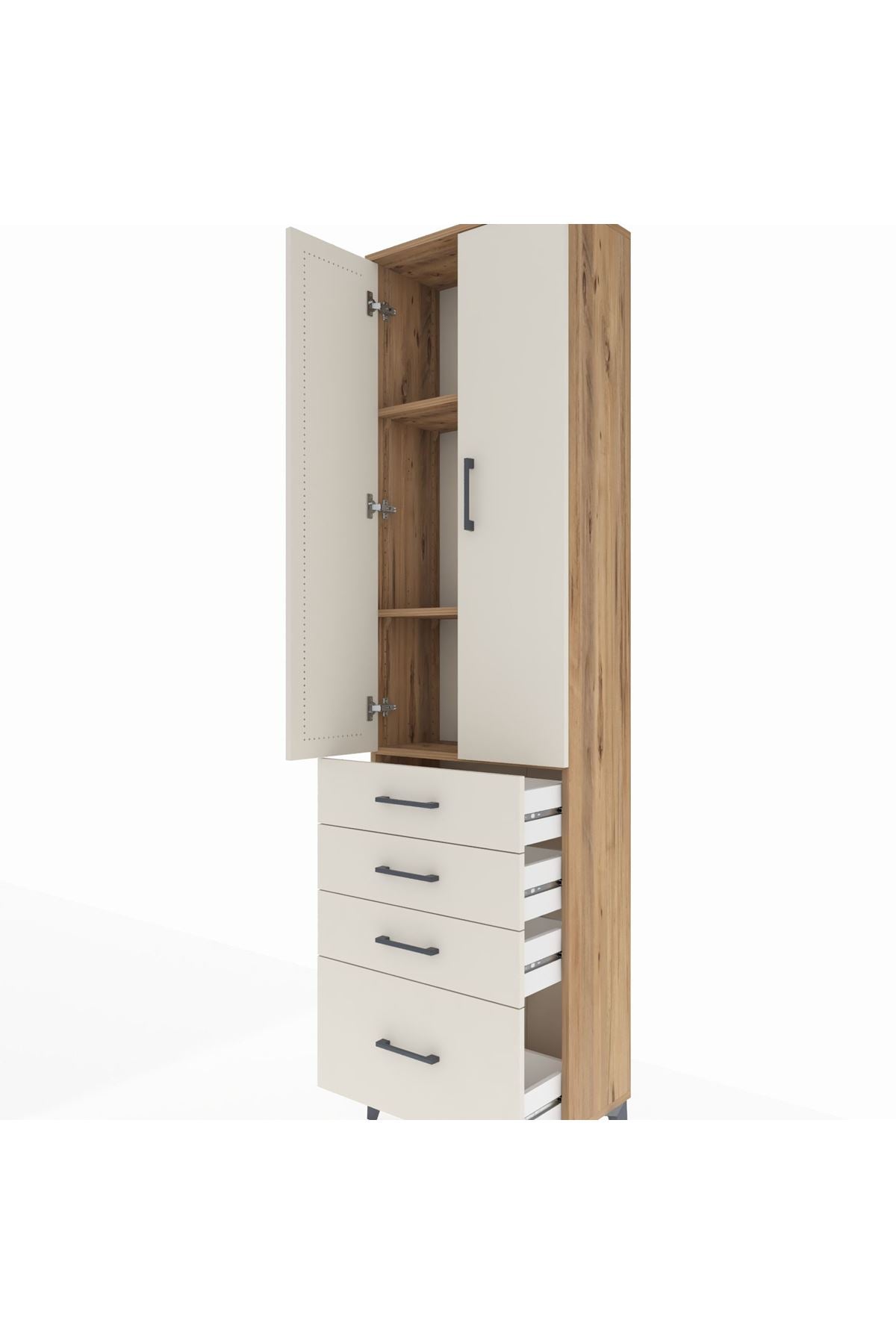 Arges Dolap 3 Raflı 4 Çekmeceli 2 Kapaklı 60x30x221 Çam-Aytaşı