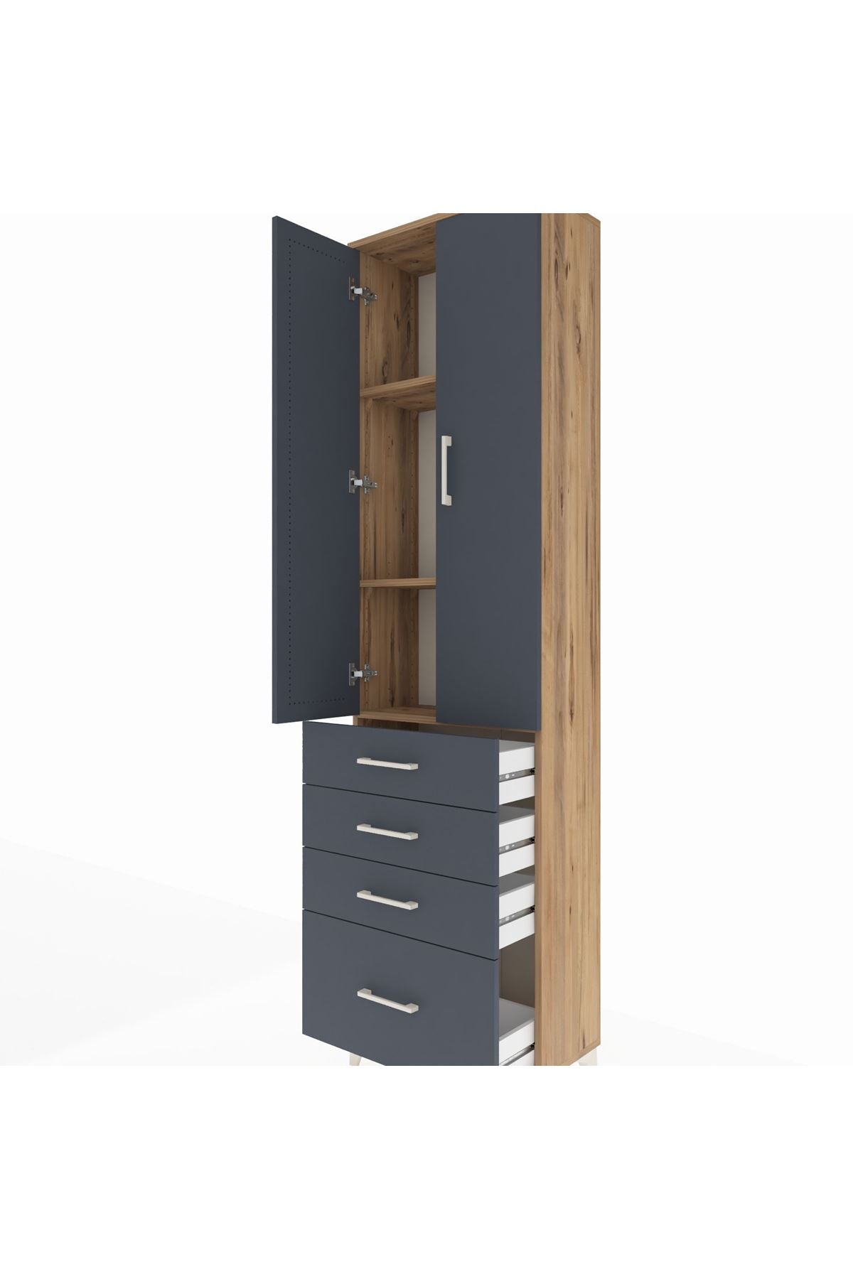 Arges Dolap 3 Raflı 4 Çekmeceli 2 Kapaklı 60x30x221 Çam-Antrasit