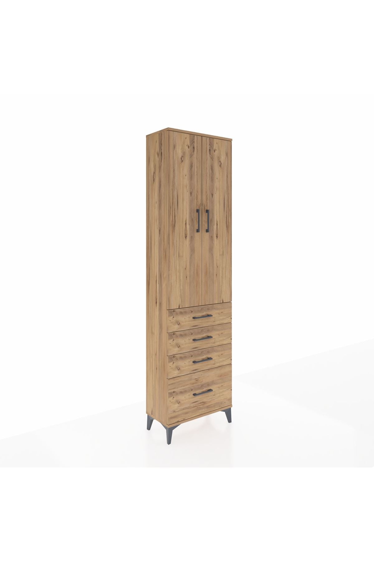 Arges Dolap 3 Raflı 4 Çekmeceli 2 Kapaklı 60x30x221 Çam-Çam