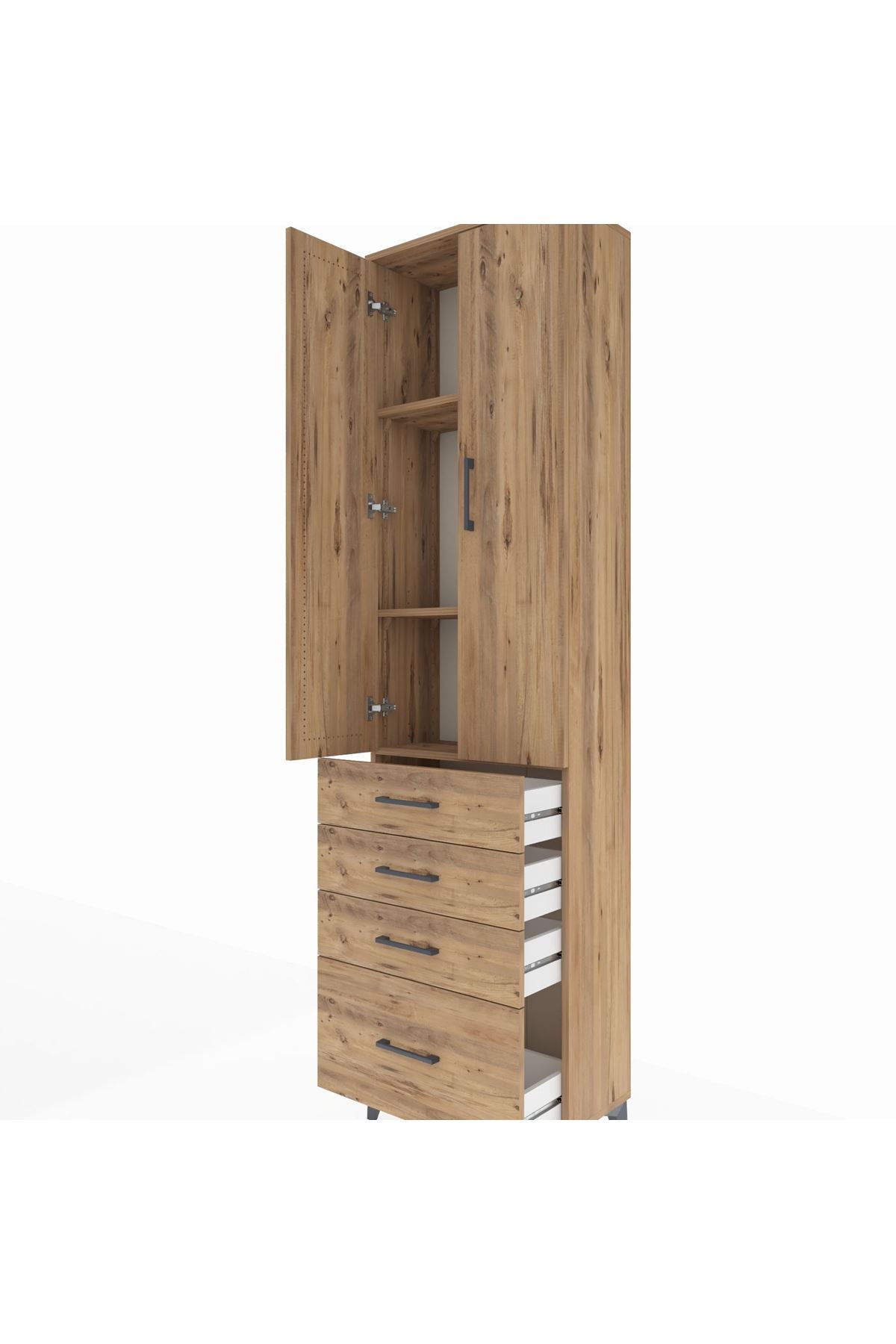 Arges Dolap 3 Raflı 4 Çekmeceli 2 Kapaklı 60x30x221 Çam-Çam