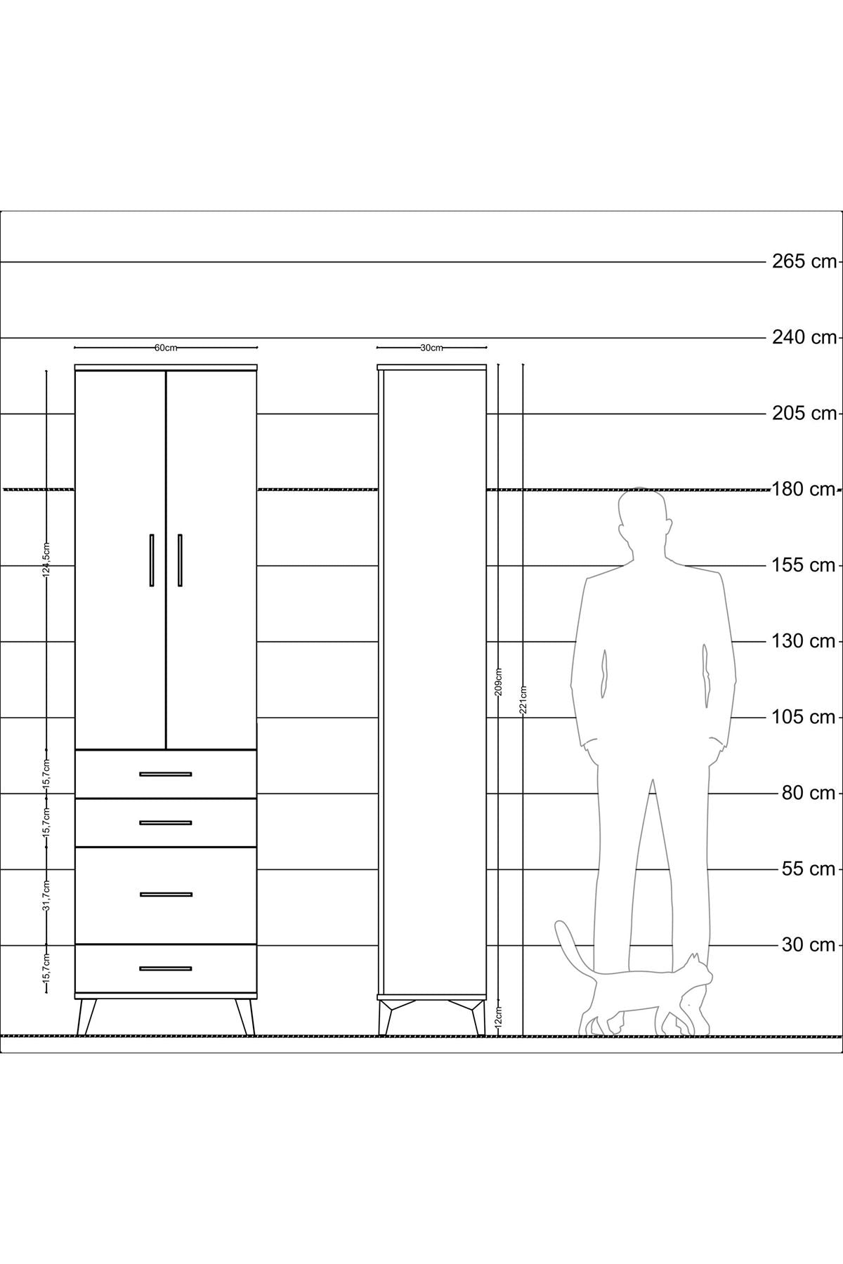Arges Dolap 2 Raflı 4 Çekmeceli Tek Askılı 60x30x221 Aytaşı-Antrasit