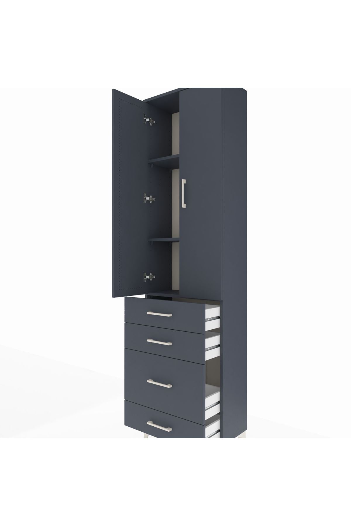 Arges Dolap 3 Raflı 4 Çekmeceli 2 Kapaklı 60x30x221 Antrasit-Antrasit