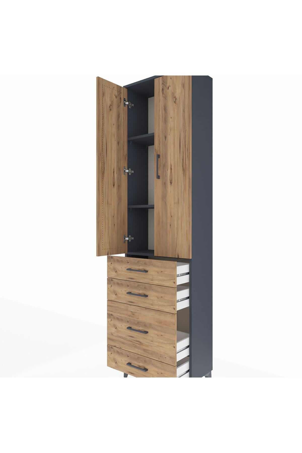 Arges Dolap 3 Raflı 4 Çekmeceli 2 Kapaklı 60x30x221 Antrasit-Çam