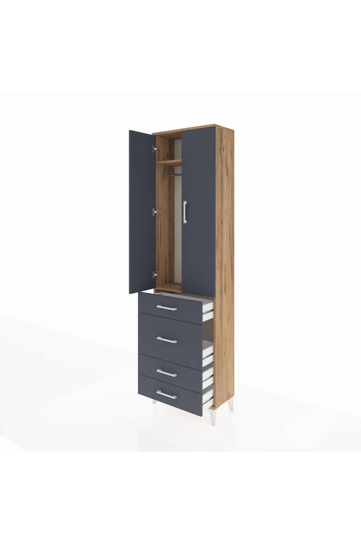 Arges Dolap 2 Raflı 4 Çekmeceli Tek Askılı 60x30x221 Çam-Antrasit