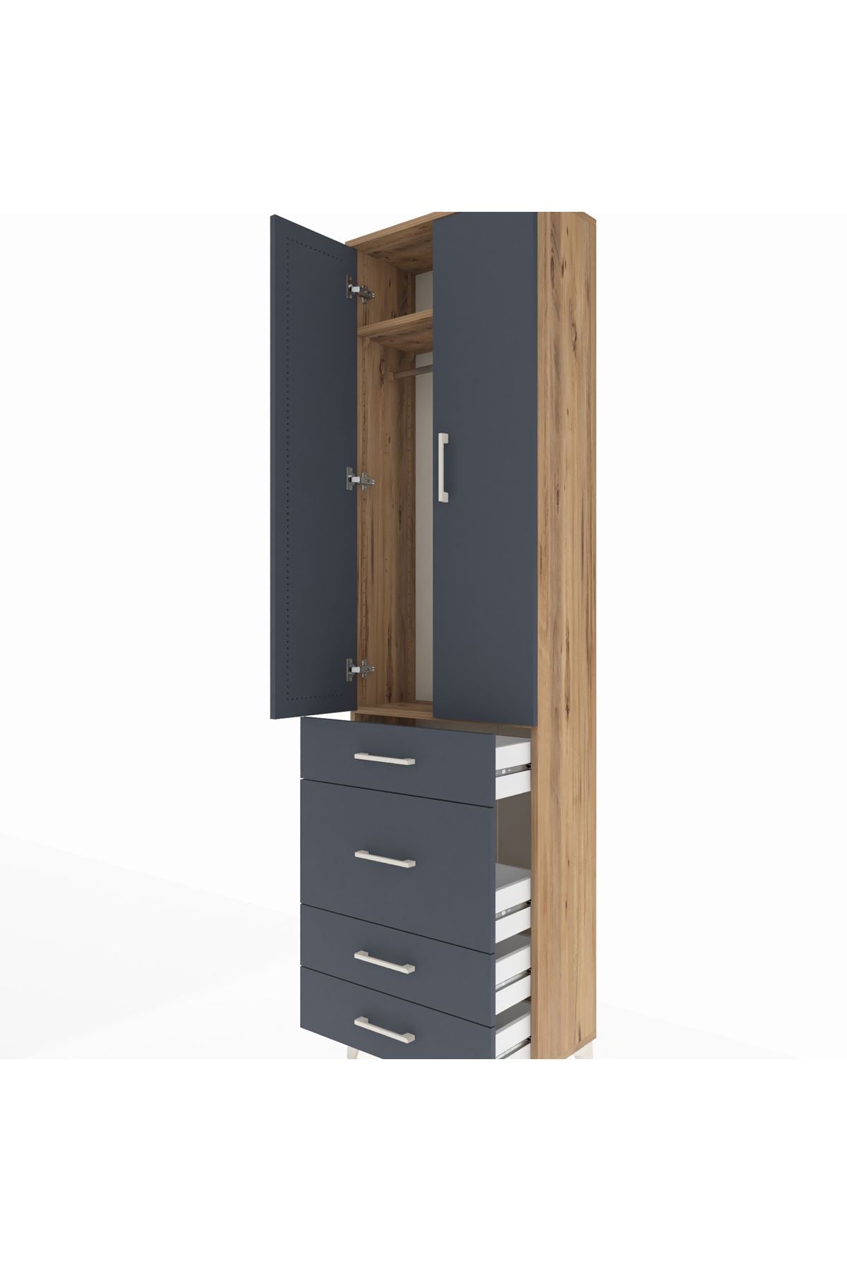 Arges Dolap 2 Raflı 4 Çekmeceli Tek Askılı 60x30x221 Çam-Antrasit