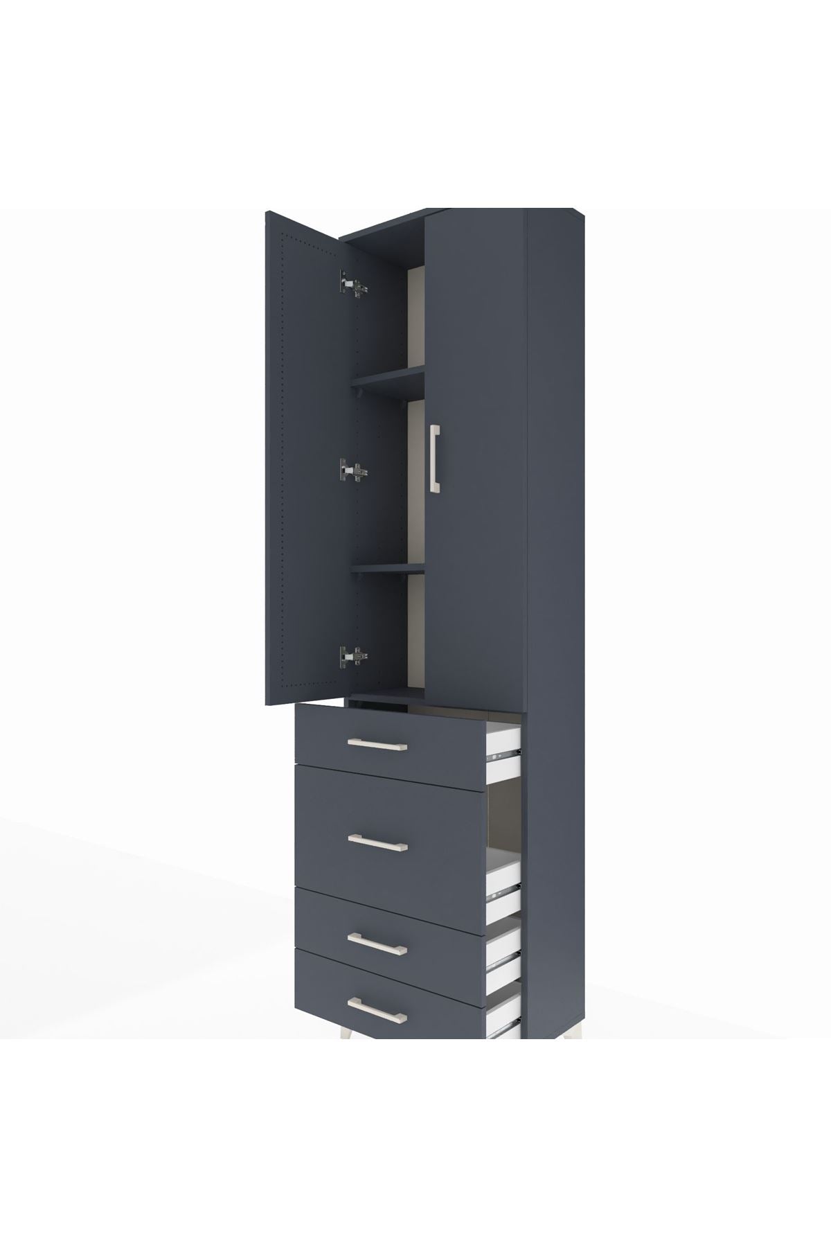 Arges Dolap 3 Raflı 4 Çekmeceli 2 Kapaklı 60x30x221 Antrasit-Antrasit