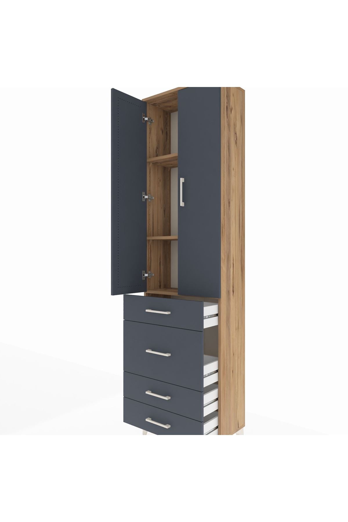 Arges Dolap 3 Raflı 4 Çekmeceli 2 Kapaklı 60x30x221 Çam-Antrasit