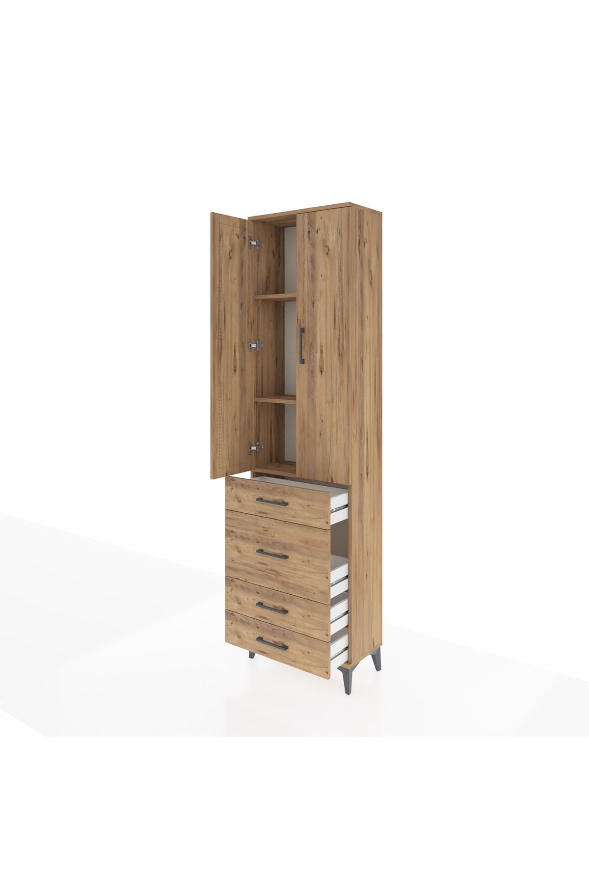 Arges Dolap 3 Raflı 4 Çekmeceli 2 Kapaklı 60x30x221 Çam-Çam