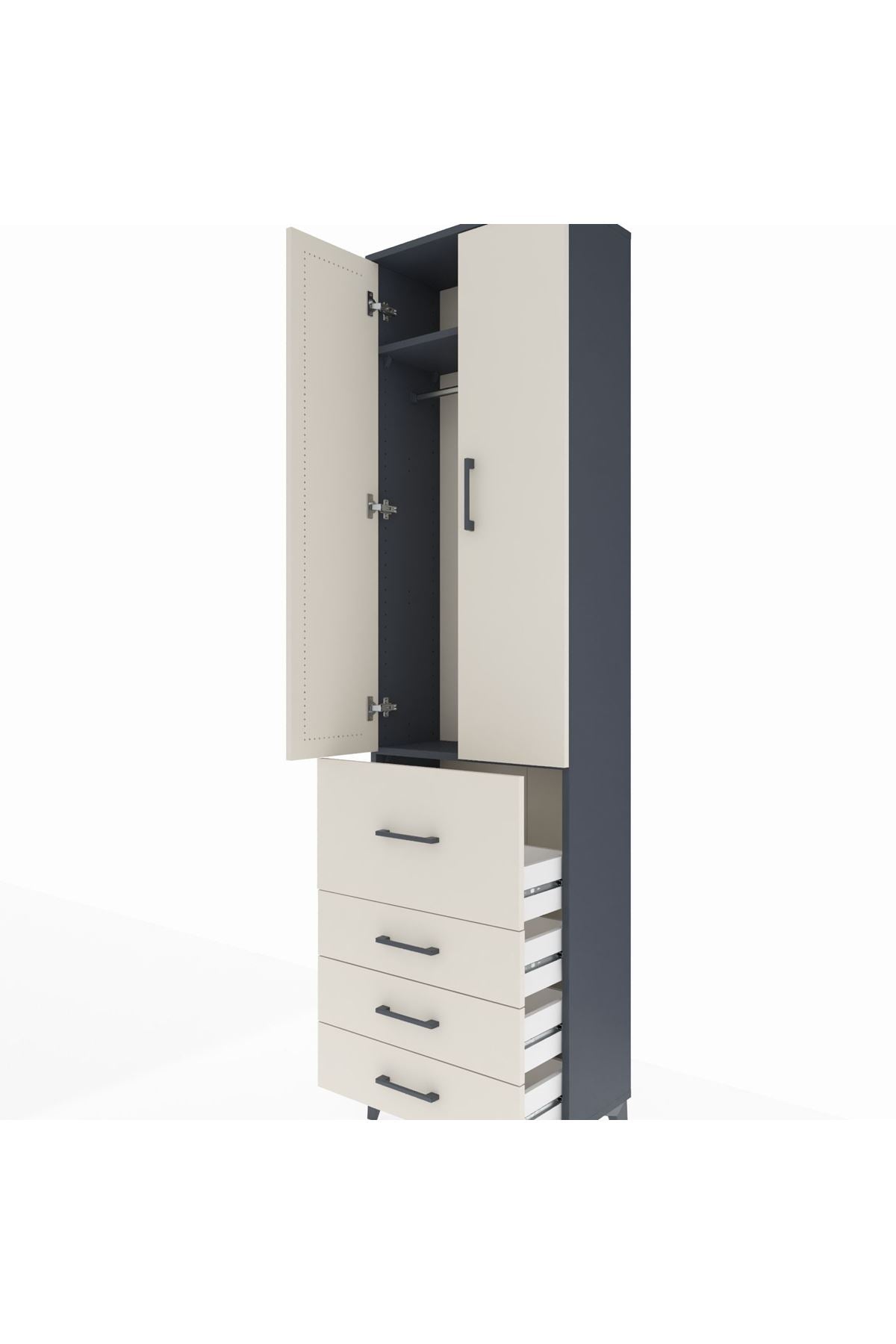 Arges Dolap 2 Raflı 4 Çekmeceli Tek Askılı 60x30x221 Antrasit-Aytaşı