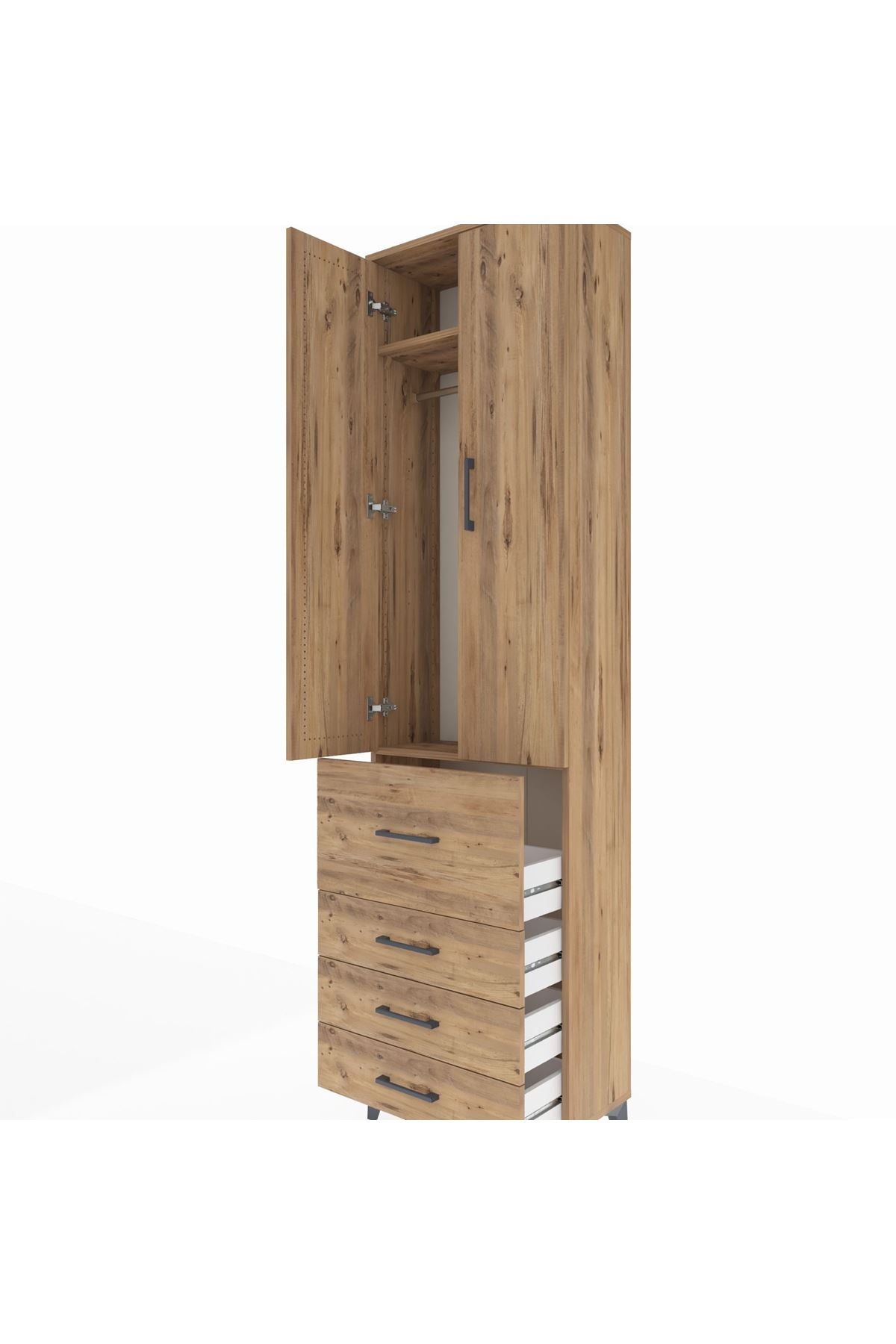 Arges Dolap 2 Raflı 4 Çekmeceli Tek Askılı 60x30x221 Çam-Çam