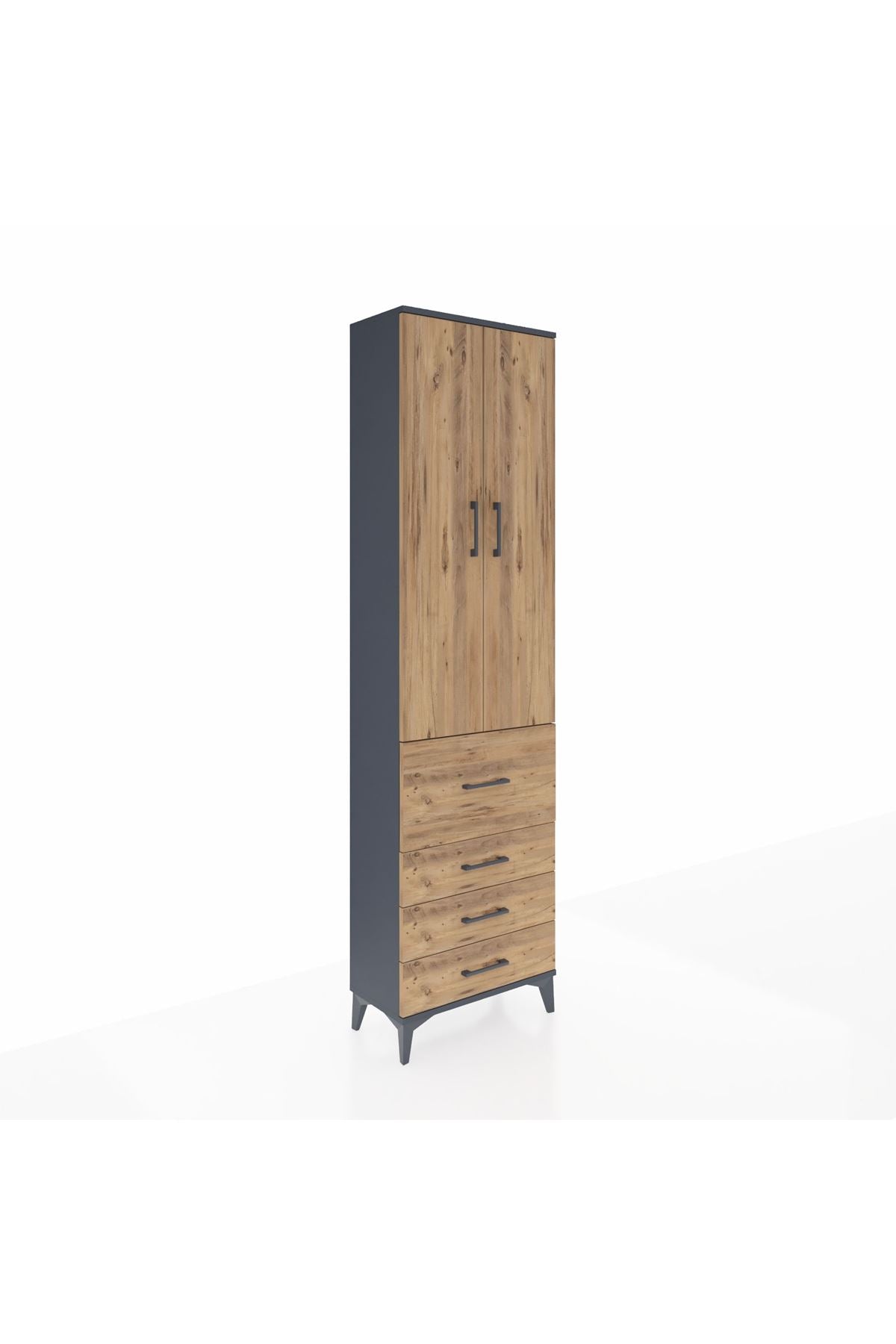 Arges Dolap 3 Raflı 4 Çekmeceli 2 Kapaklı 60x30x221 Antrasit-Çam