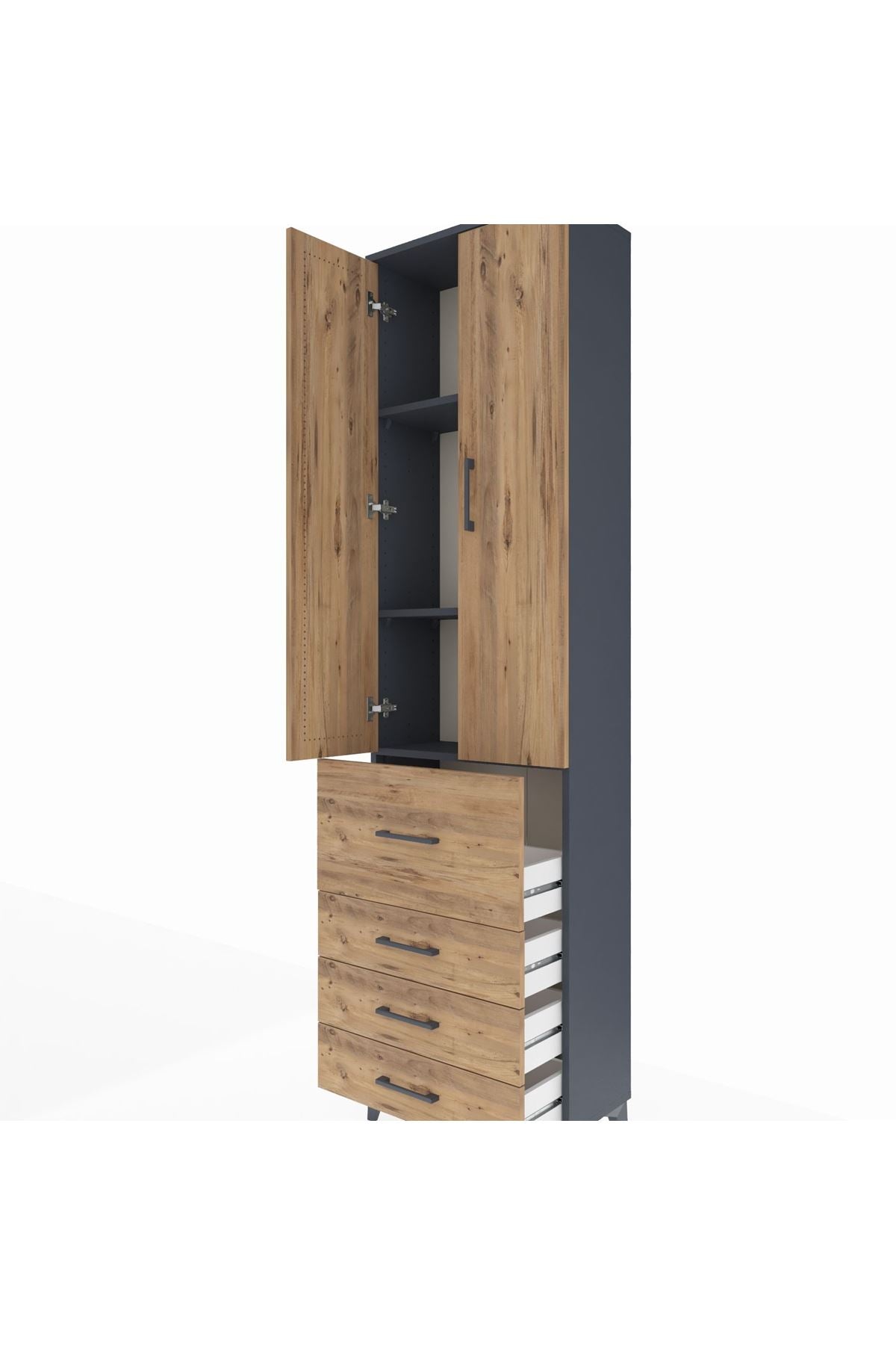 Arges Dolap 3 Raflı 4 Çekmeceli 2 Kapaklı 60x30x221 Antrasit-Çam