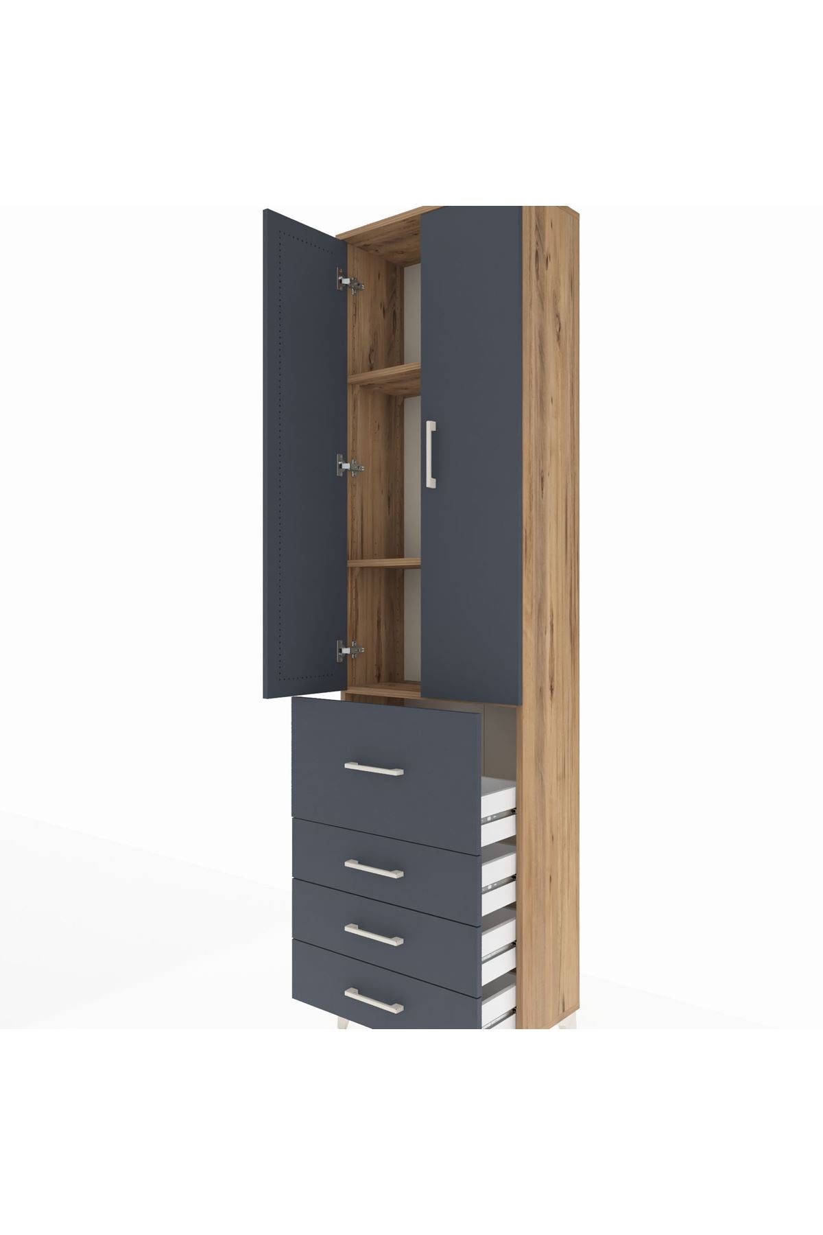 Arges Dolap 3 Raflı 4 Çekmeceli 2 Kapaklı 60x30x221 Çam-Antrasit