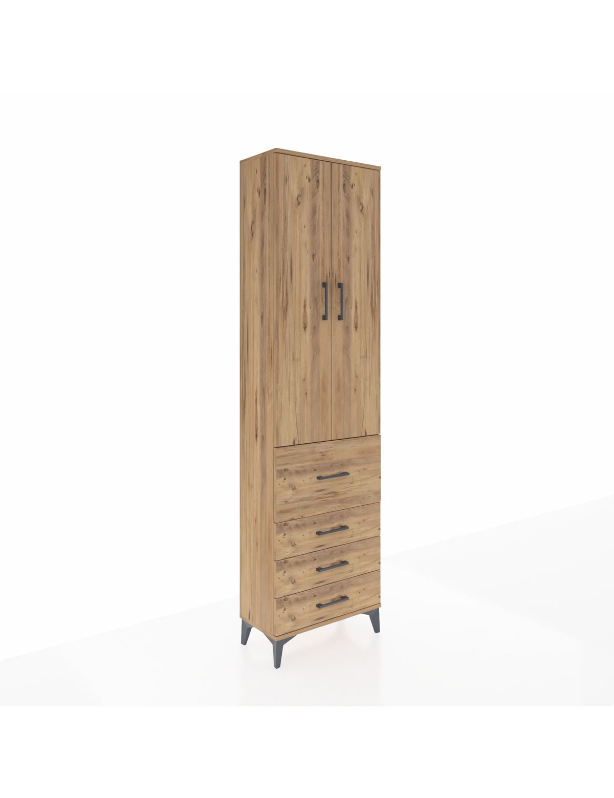 Arges Dolap 3 Raflı 4 Çekmeceli 2 Kapaklı 60x30x221 Çam-Çam