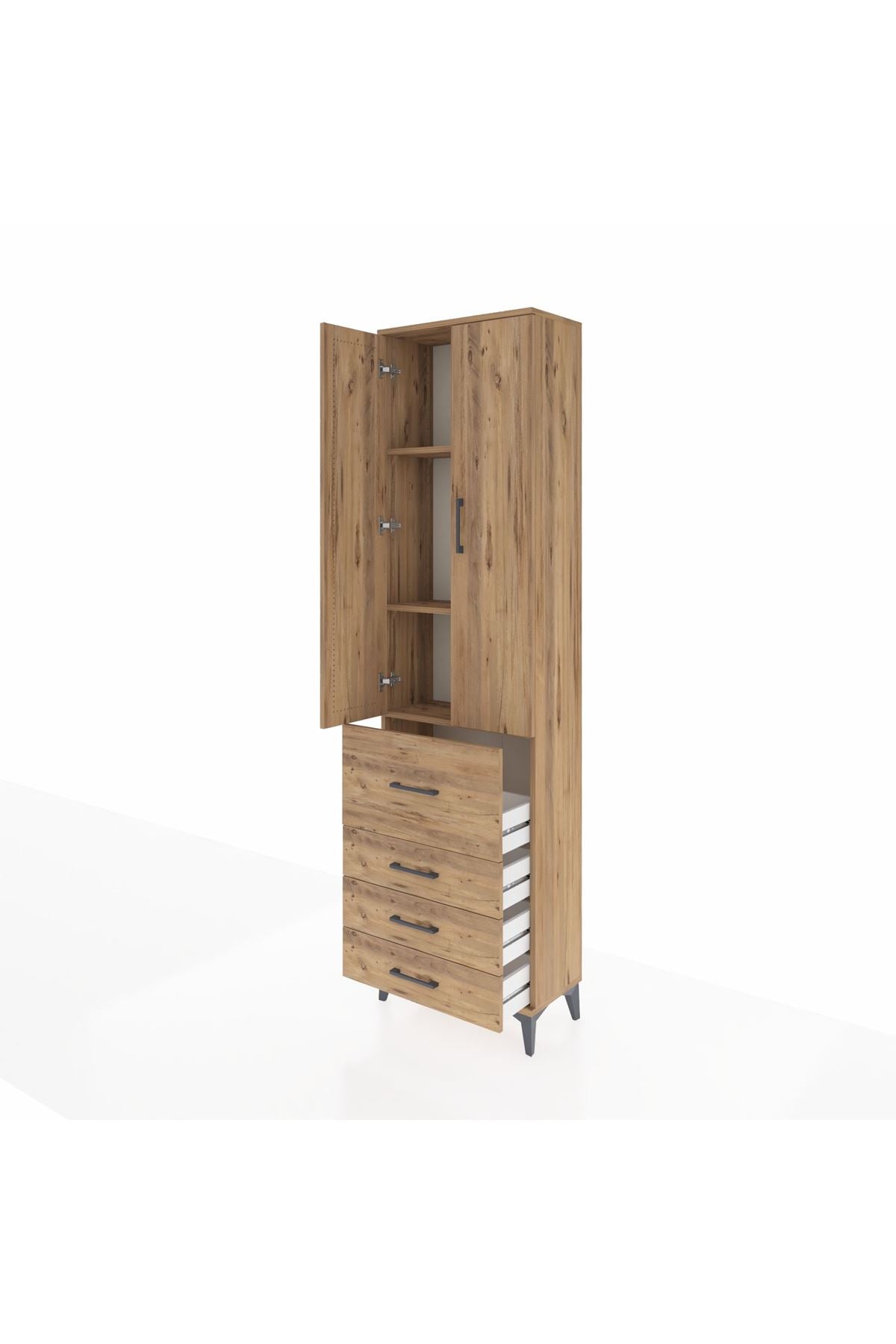 Arges Dolap 3 Raflı 4 Çekmeceli 2 Kapaklı 60x30x221 Çam-Çam