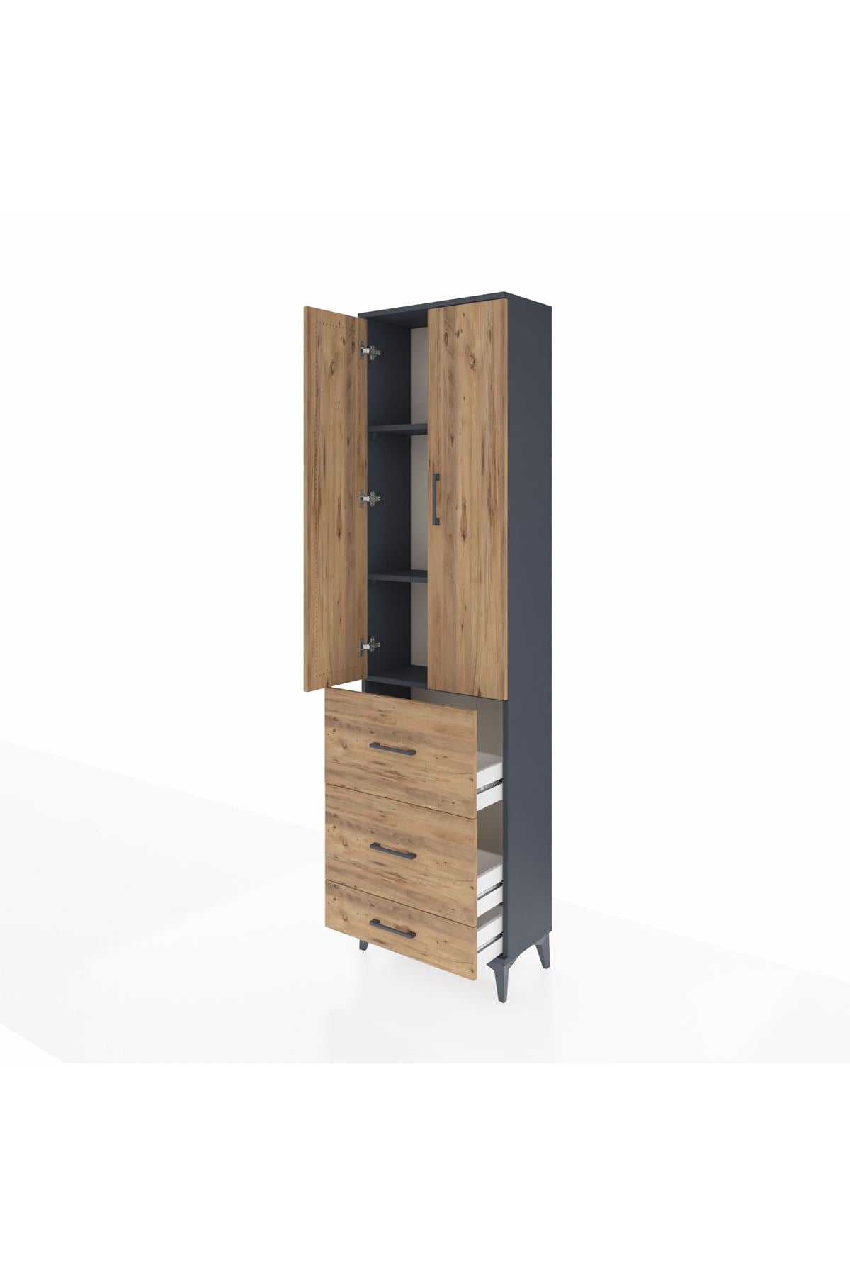 Arges Dolap 3 Raflı 3 Çekmeceli 2 Kapaklı 60x30x221 Antrasit-Çam