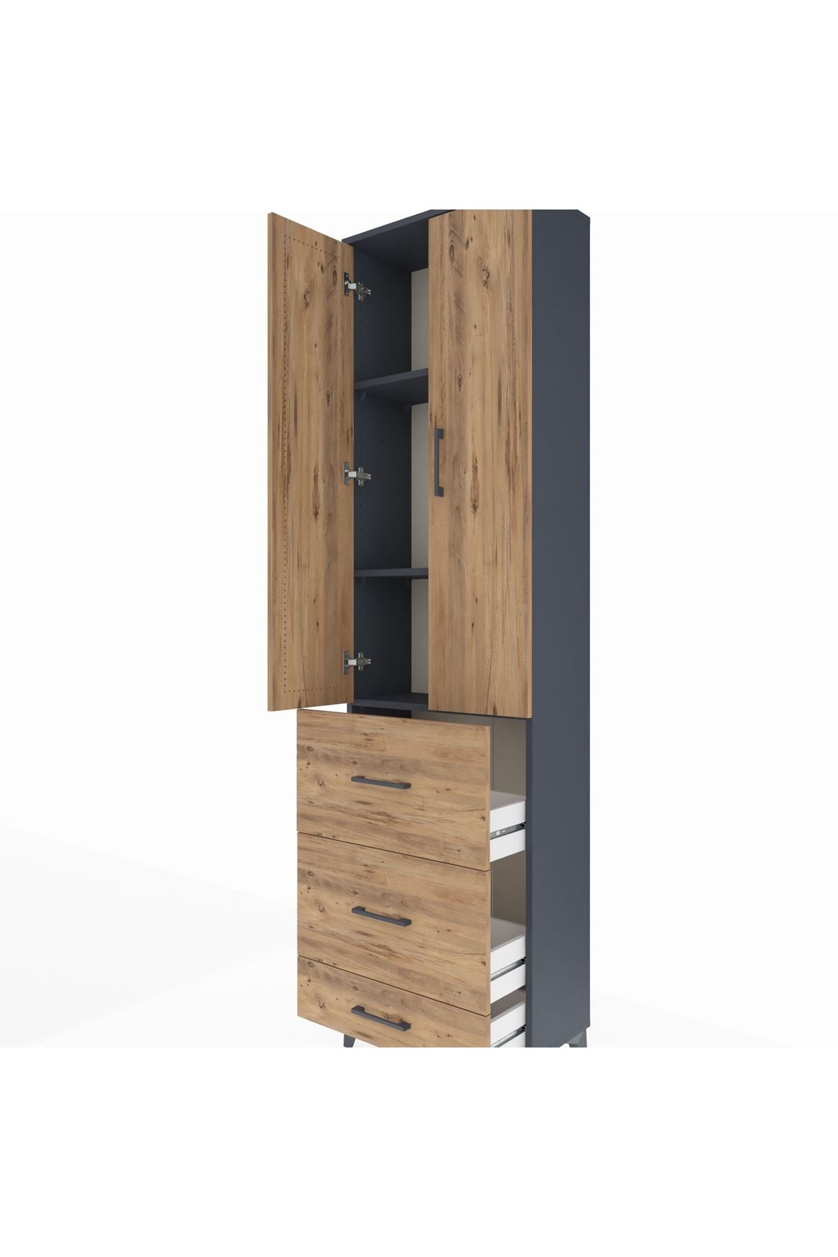 Arges Dolap 3 Raflı 3 Çekmeceli 2 Kapaklı 60x30x221 Antrasit-Çam