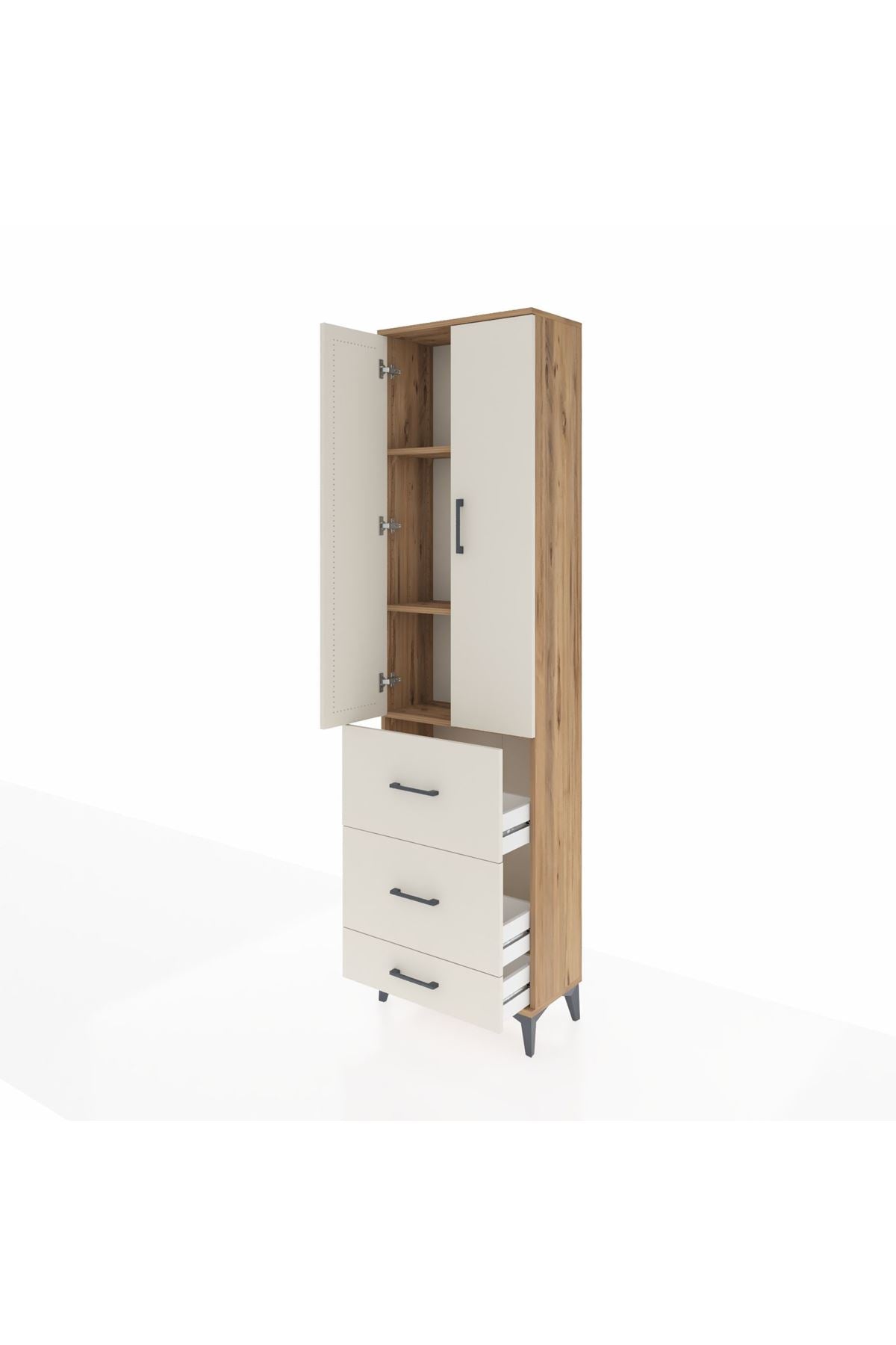 Arges Dolap 3 Raflı 3 Çekmeceli 2 Kapaklı 60x30x221 Çam-Aytaşı