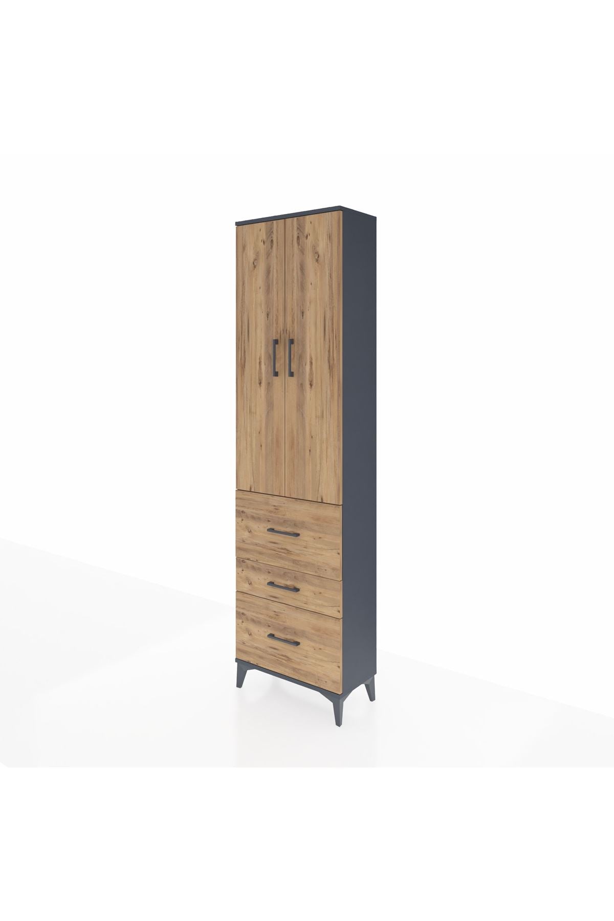 Arges Dolap 3 Raflı 3 Çekmeceli 2 Kapaklı 60x30x221 Antrasit-Çam