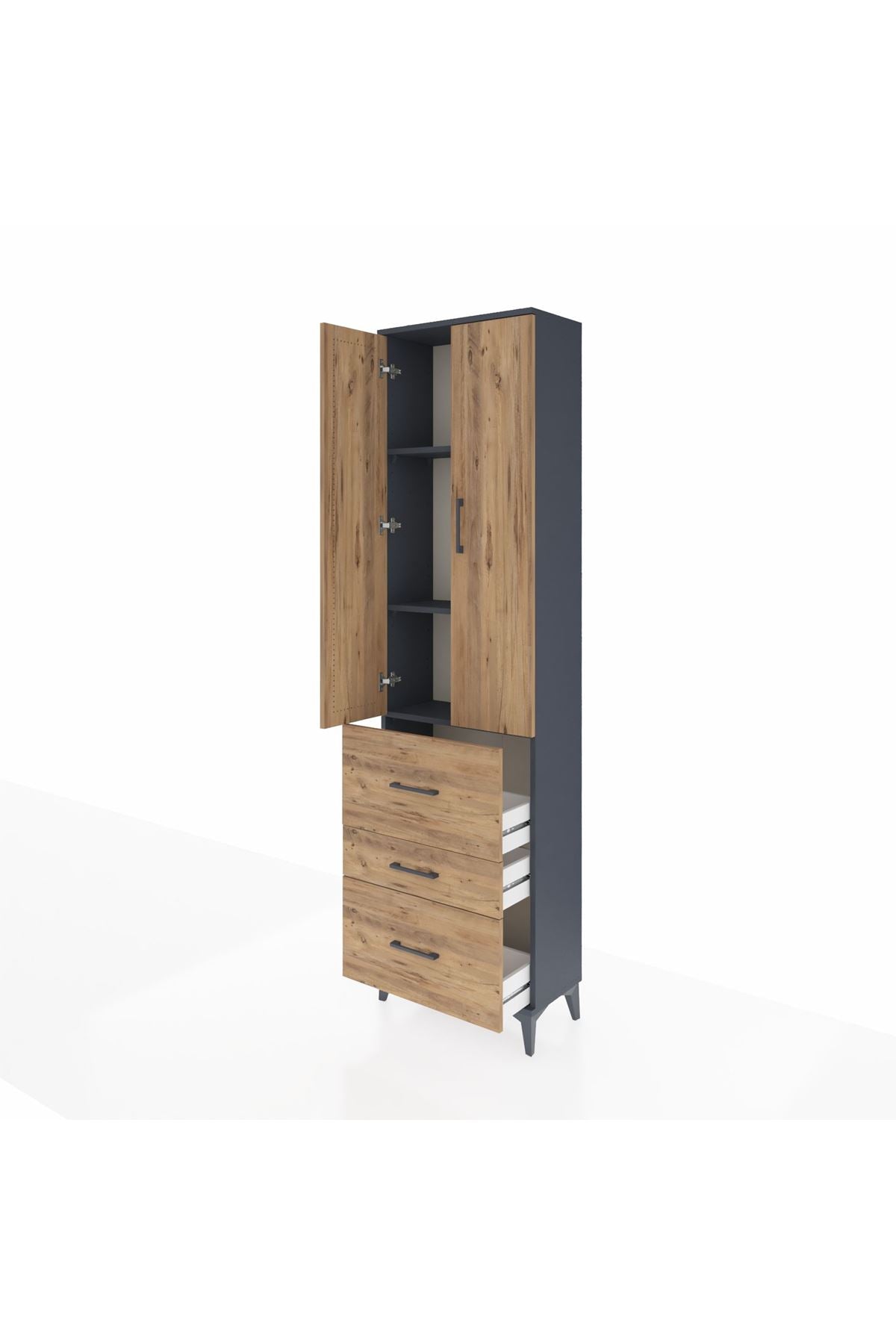 Arges Dolap 3 Raflı 3 Çekmeceli 2 Kapaklı 60x30x221 Antrasit-Çam