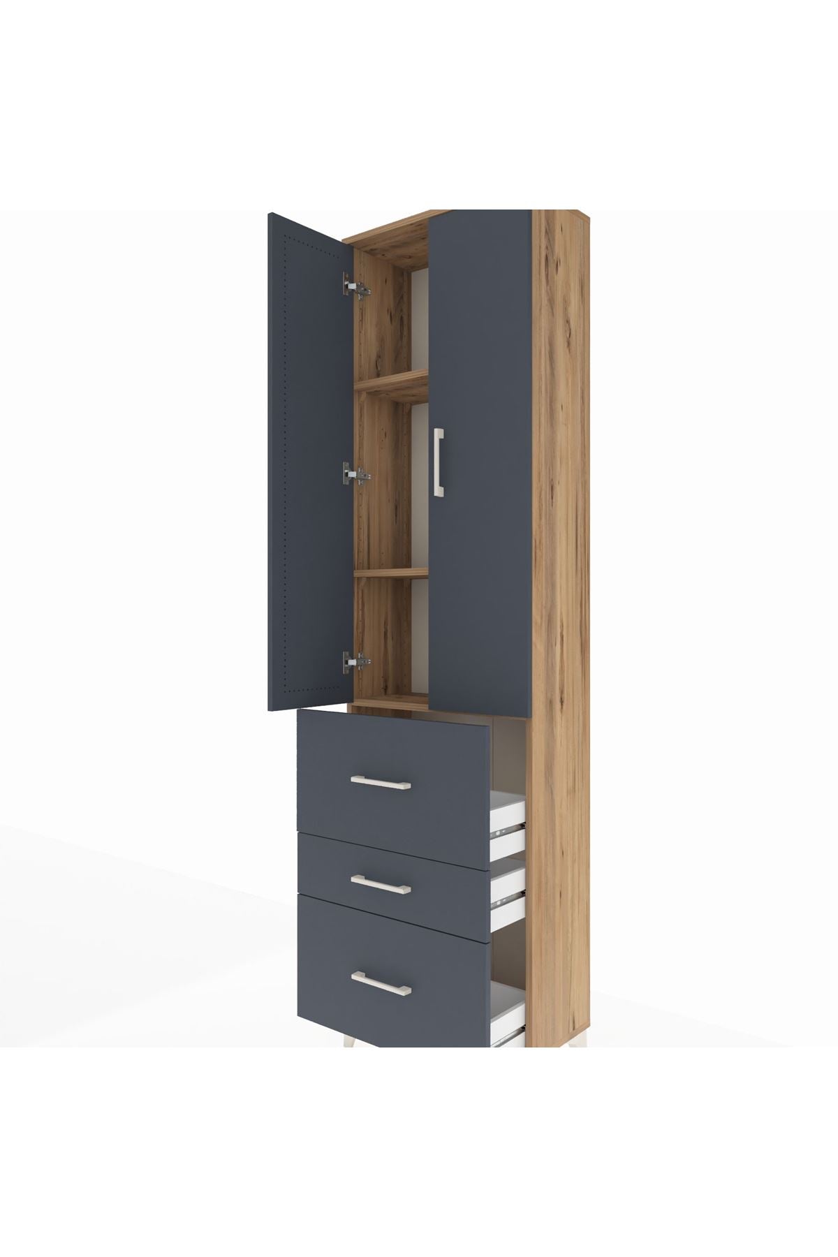 Arges Dolap 3 Raflı 3 Çekmeceli 2 Kapaklı 60x30x221 Çam-Antrasit