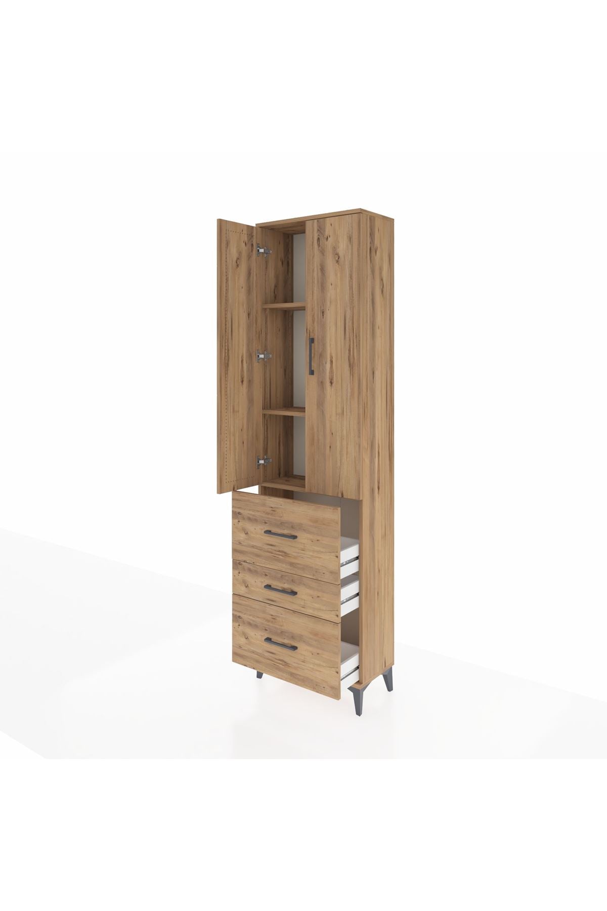 Arges Dolap 3 Raflı 3 Çekmeceli 2 Kapaklı 60x30x221 Çam-Çam