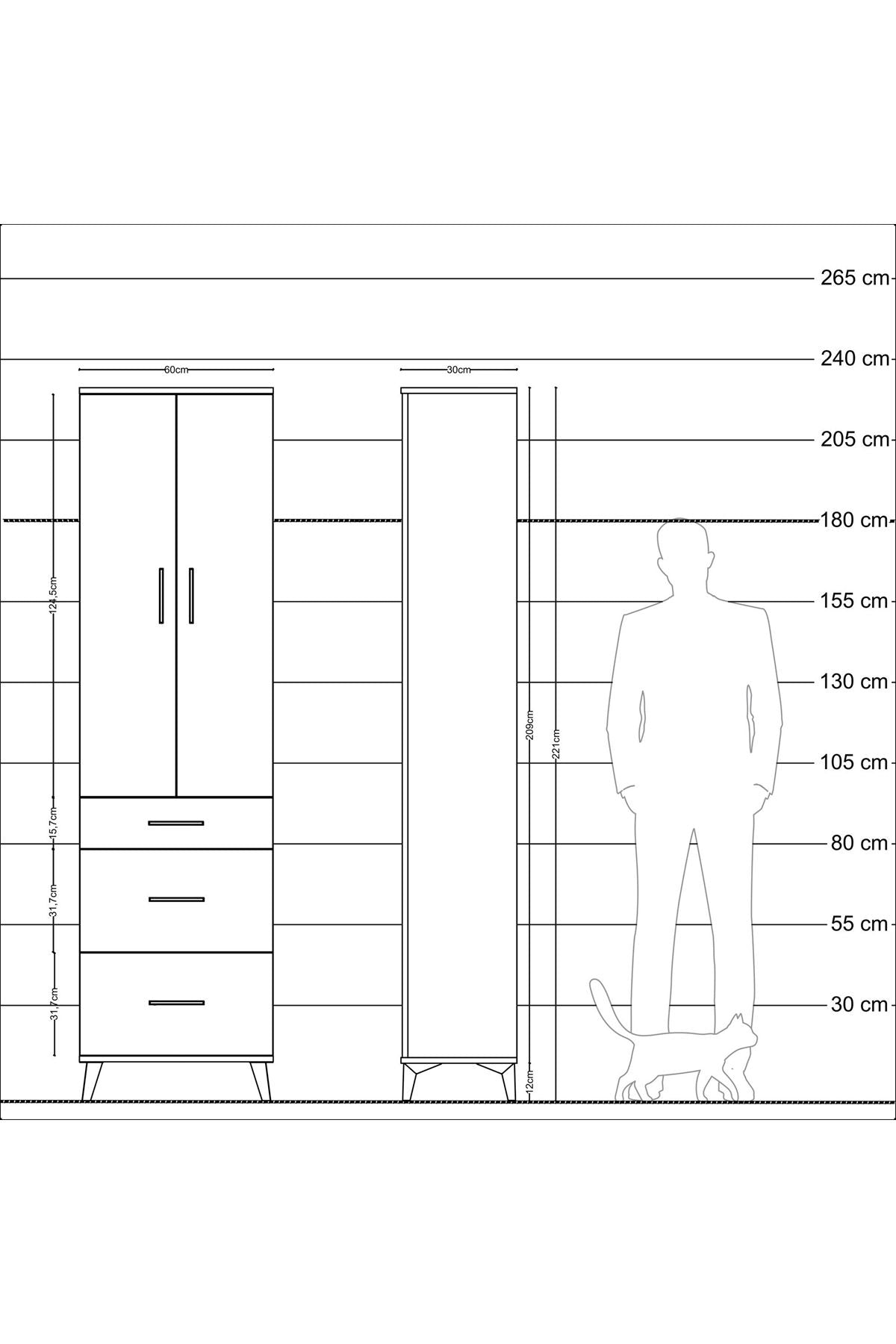 Arges Dolap 2 Raflı 3 Çekmeceli Tek Askılı 60x30x221 Antrasit-Çam
