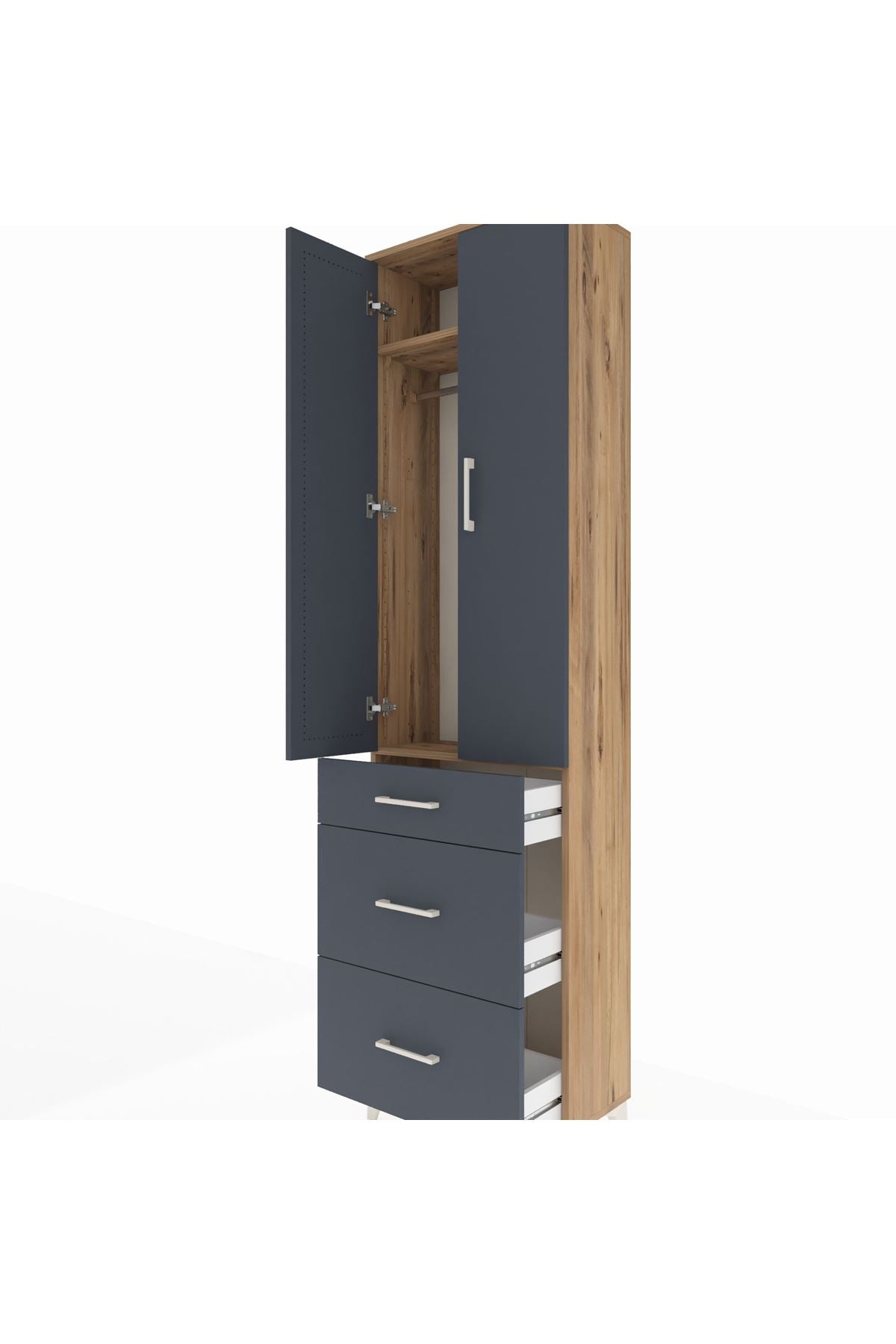 Arges Dolap 2 Raflı 3 Çekmeceli Tek Askılı 60x30x221 Çam-Antrasit