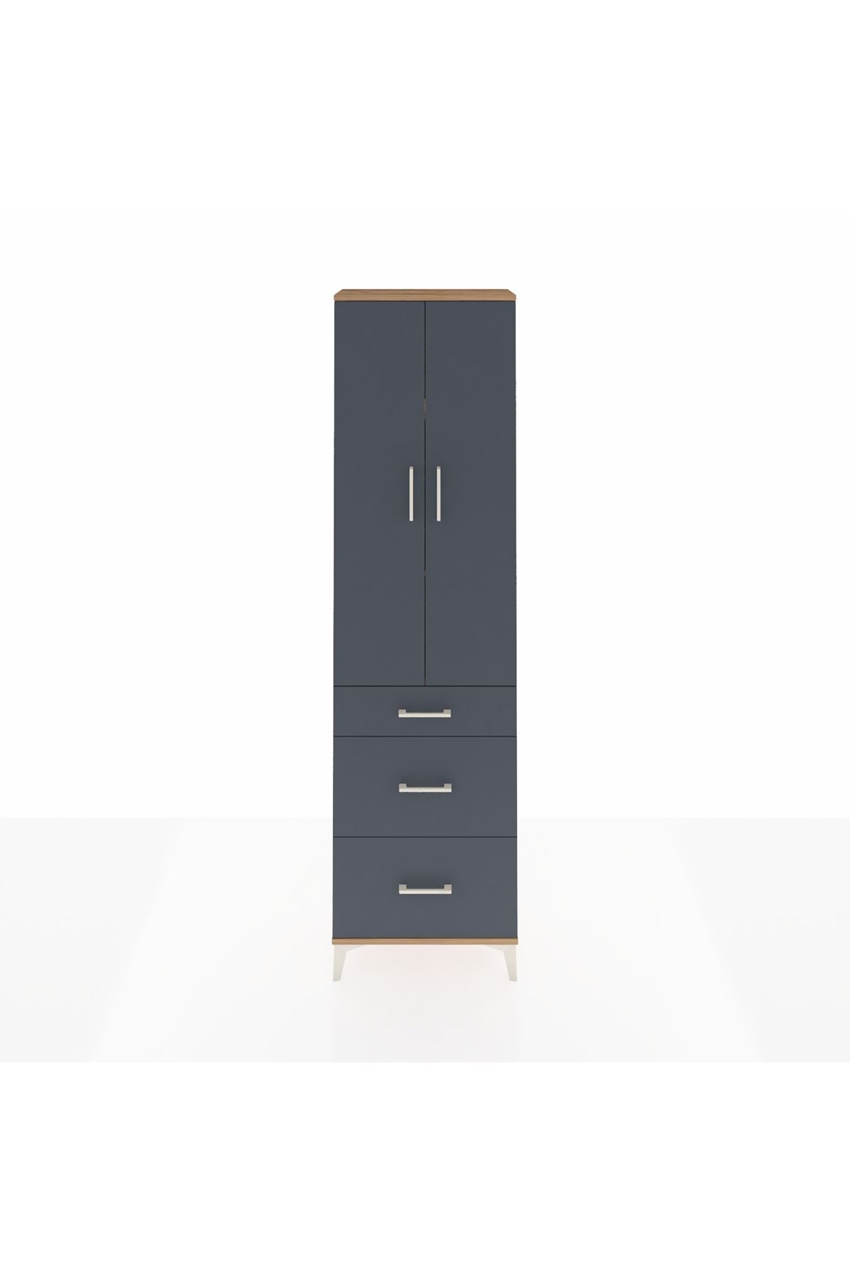 Arges Dolap 3 Raflı 3 Çekmeceli 2 Kapaklı 60x30x221 Çam-Antrasit