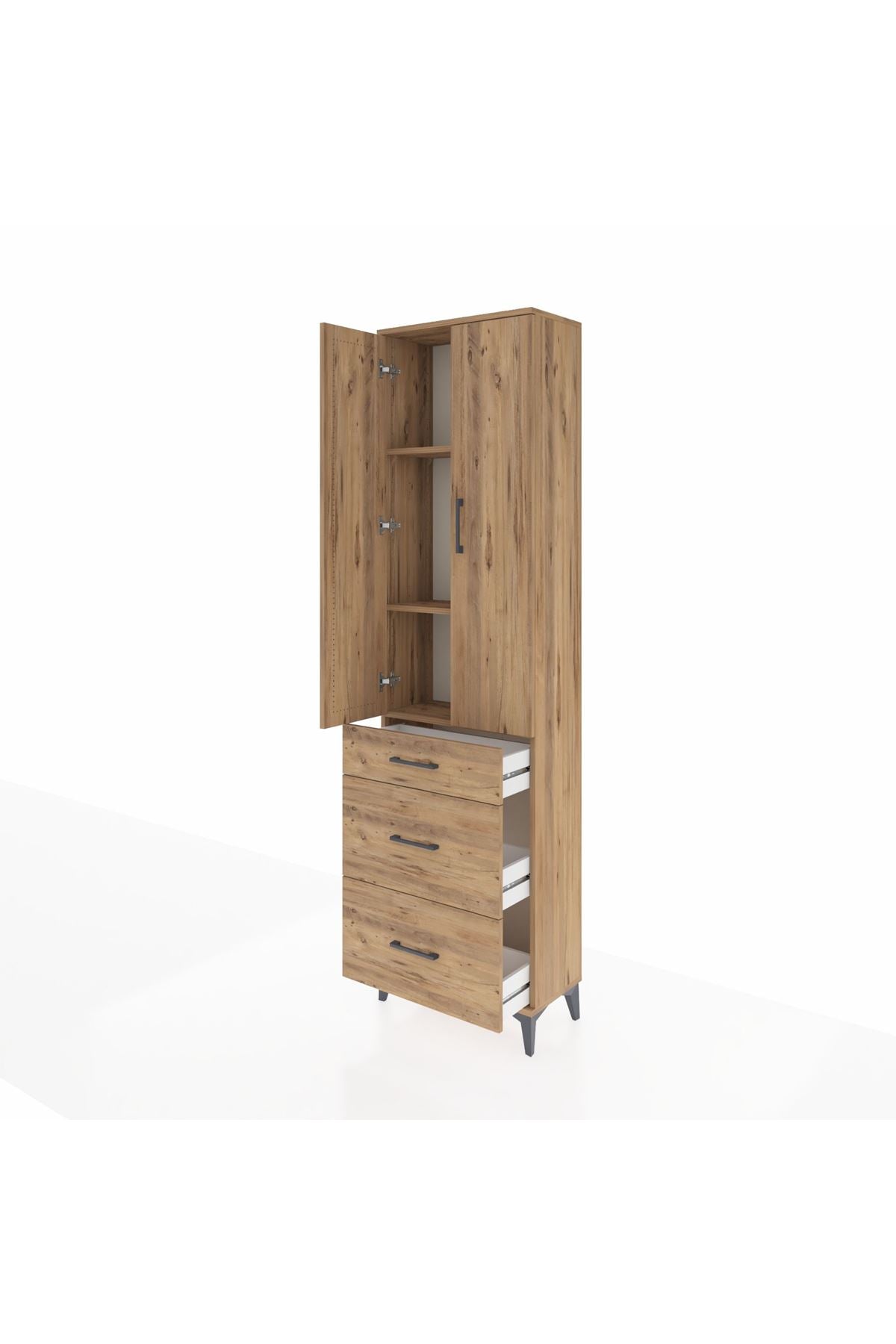 Arges Dolap 3 Raflı 3 Çekmeceli 2 Kapaklı 60x30x221 Çam-Çam