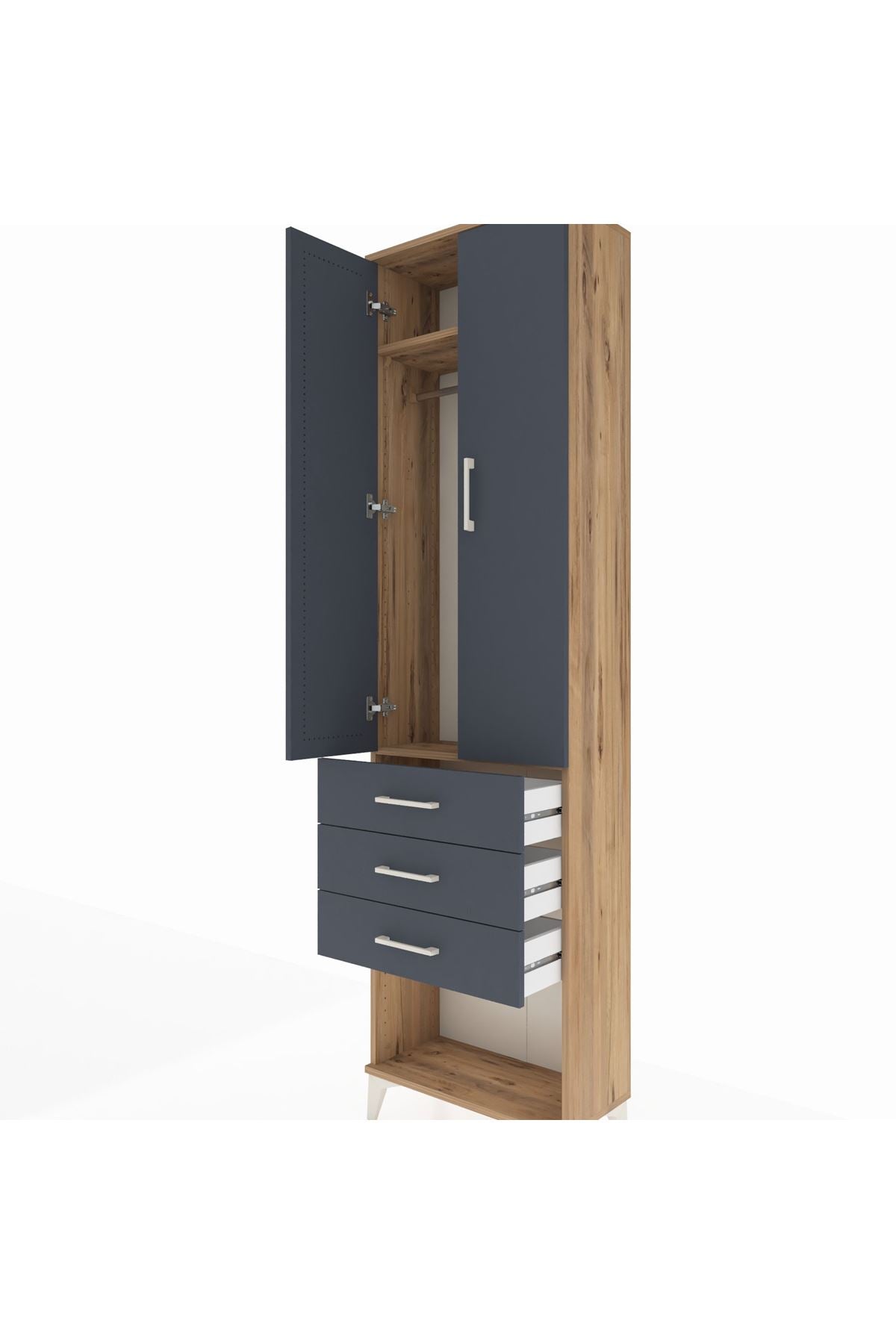 Arges Dolap 2 Raflı 3 Çekmeceli Tek Askılı 60x30x221 Çam-Antrasit