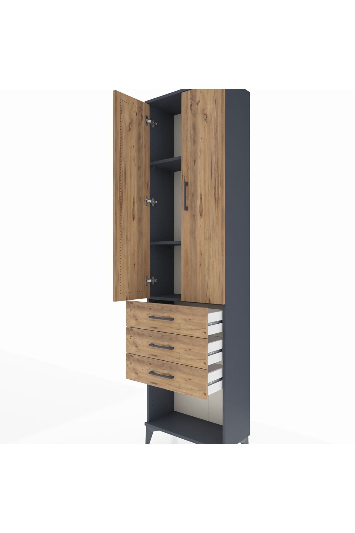 Arges Dolap 3 Raflı 3 Çekmeceli 2 Kapaklı 60x30x221 Antrasit-Çam