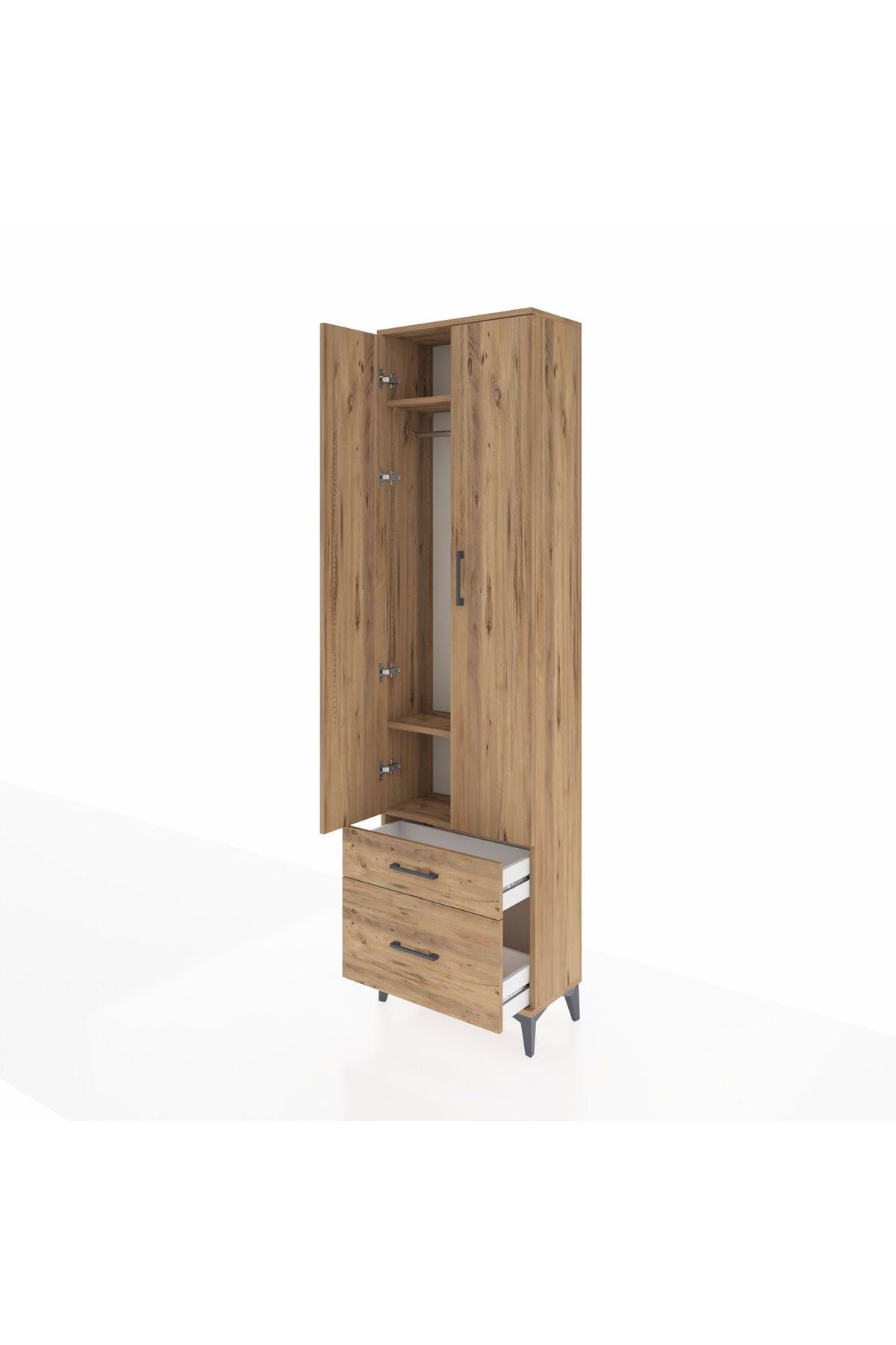 Arges Dolap 3 Raflı 2 Çekmeceli Tek Askılı 60x30x221 Çam-Çam