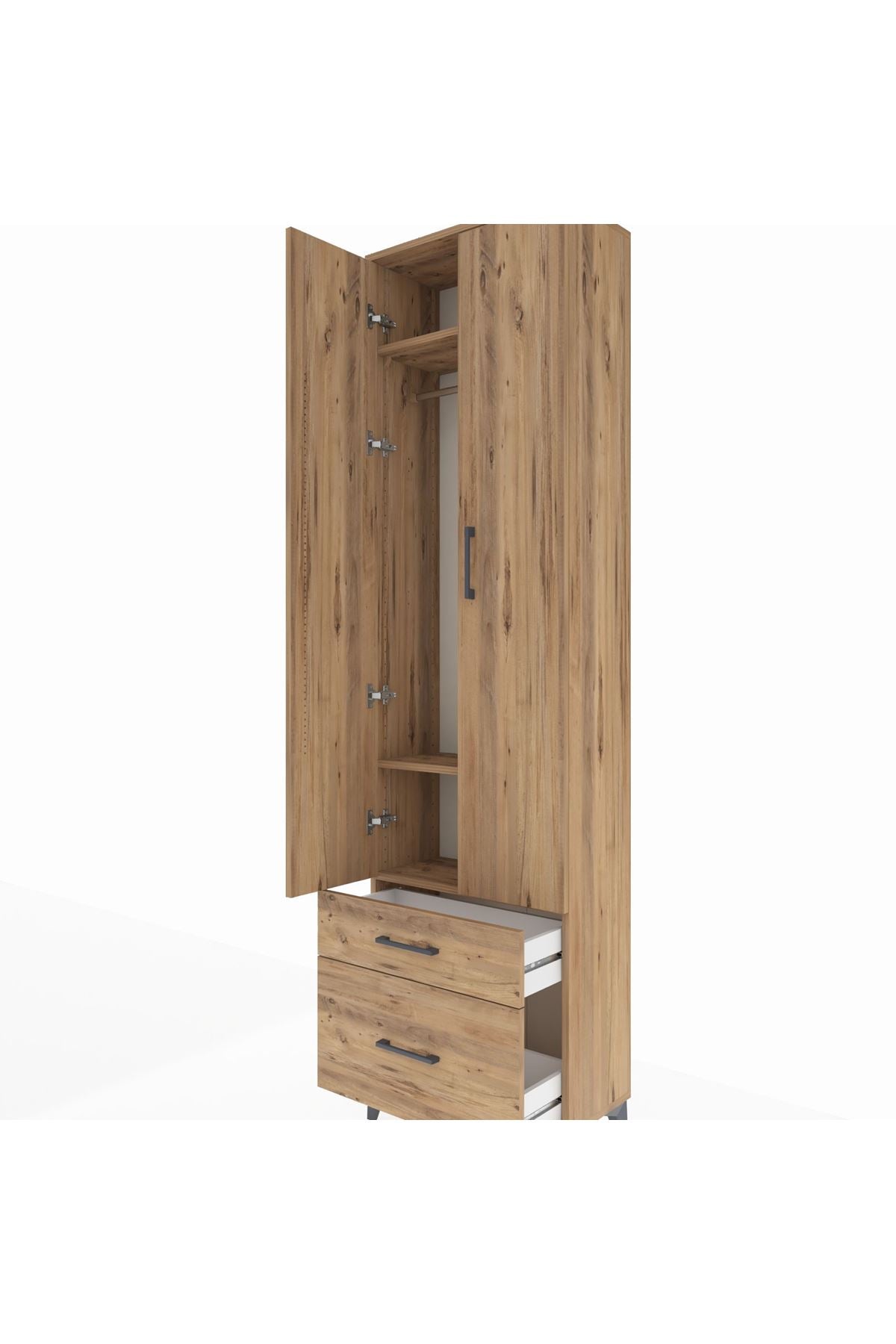 Arges Dolap 3 Raflı 2 Çekmeceli Tek Askılı 60x30x221 Çam-Çam