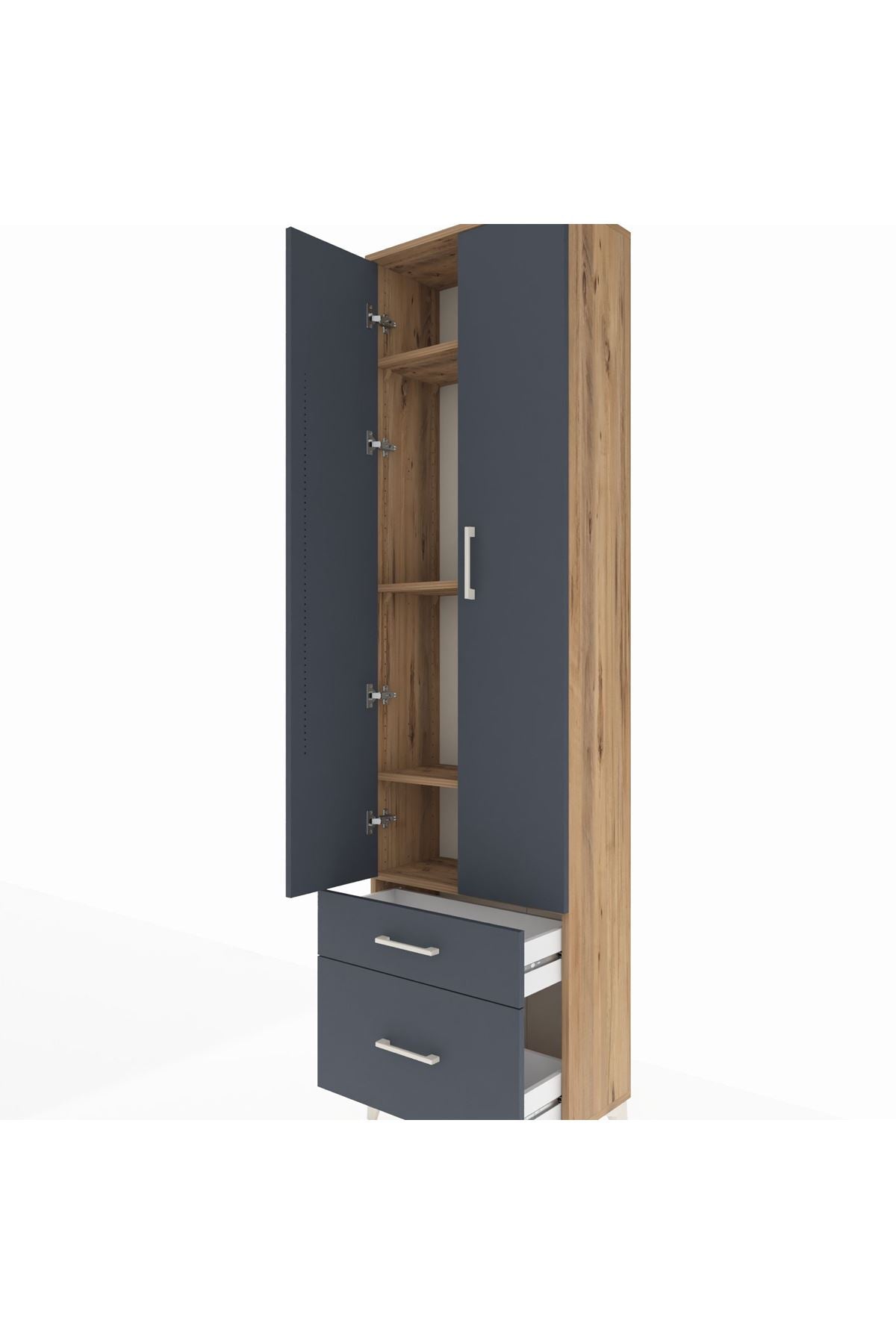 Arges Dolap 4 Raflı 2 Çekmeceli 2 Kapaklı 60x30x221 Çam-Antrasit