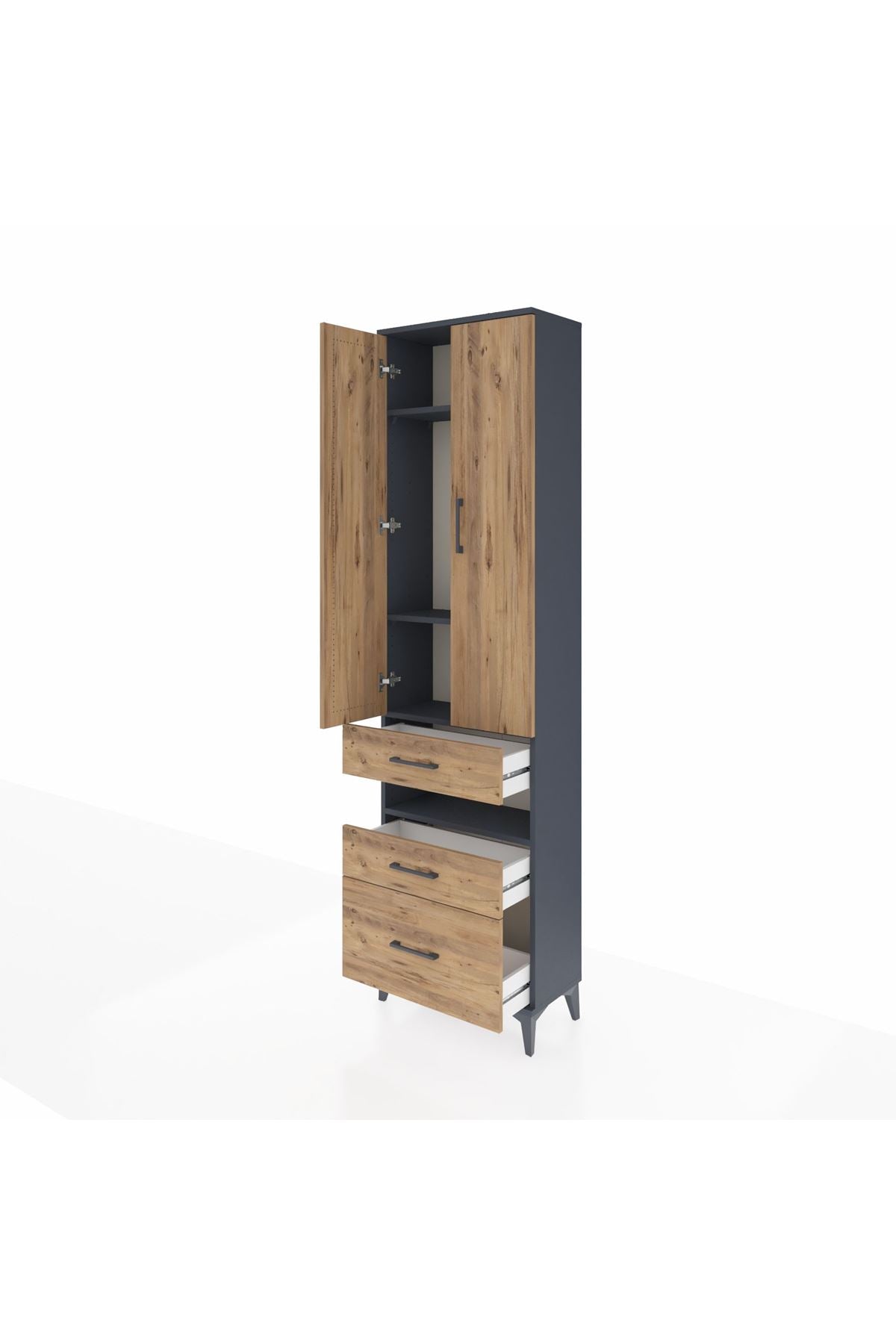 Arges Dolap 4 Raflı 3 Çekmeceli 2 Kapaklı 60x30x221 Antrasit-Çam