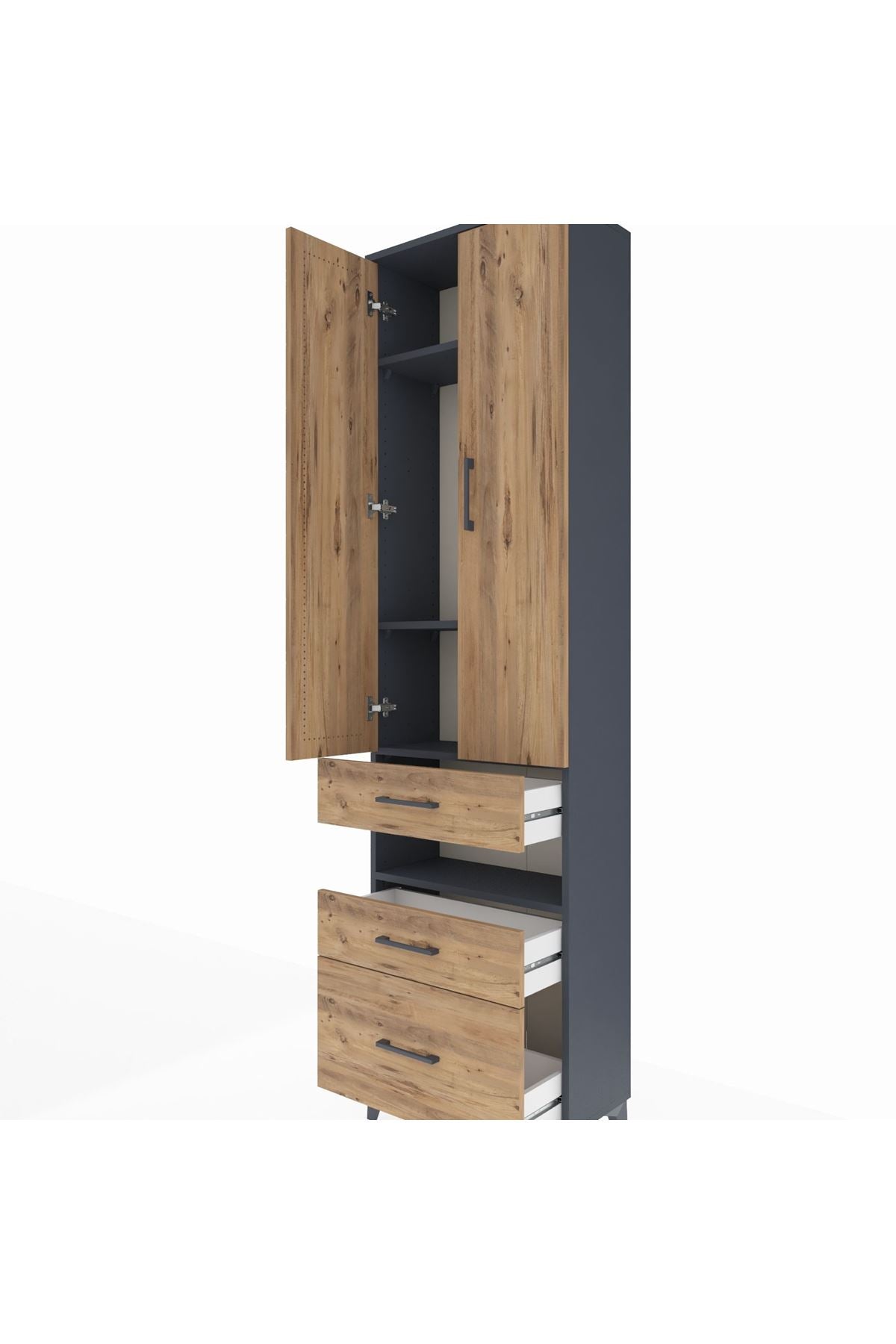 Arges Dolap 4 Raflı 3 Çekmeceli 2 Kapaklı 60x30x221 Antrasit-Çam