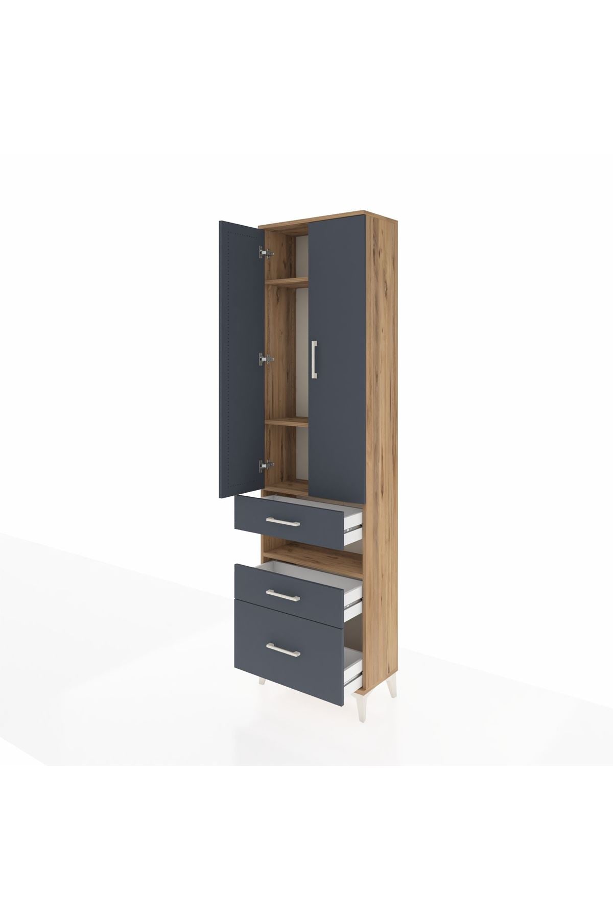 Arges Dolap 4 Raflı 3 Çekmeceli 2 Kapaklı 60x30x221 Çam-Antrasit