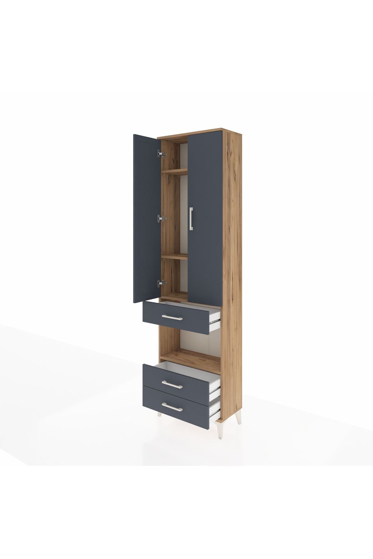 Arges Dolap 4 Raflı 3 Çekmeceli 2 Kapaklı 60x30x221 Çam-Antrasit