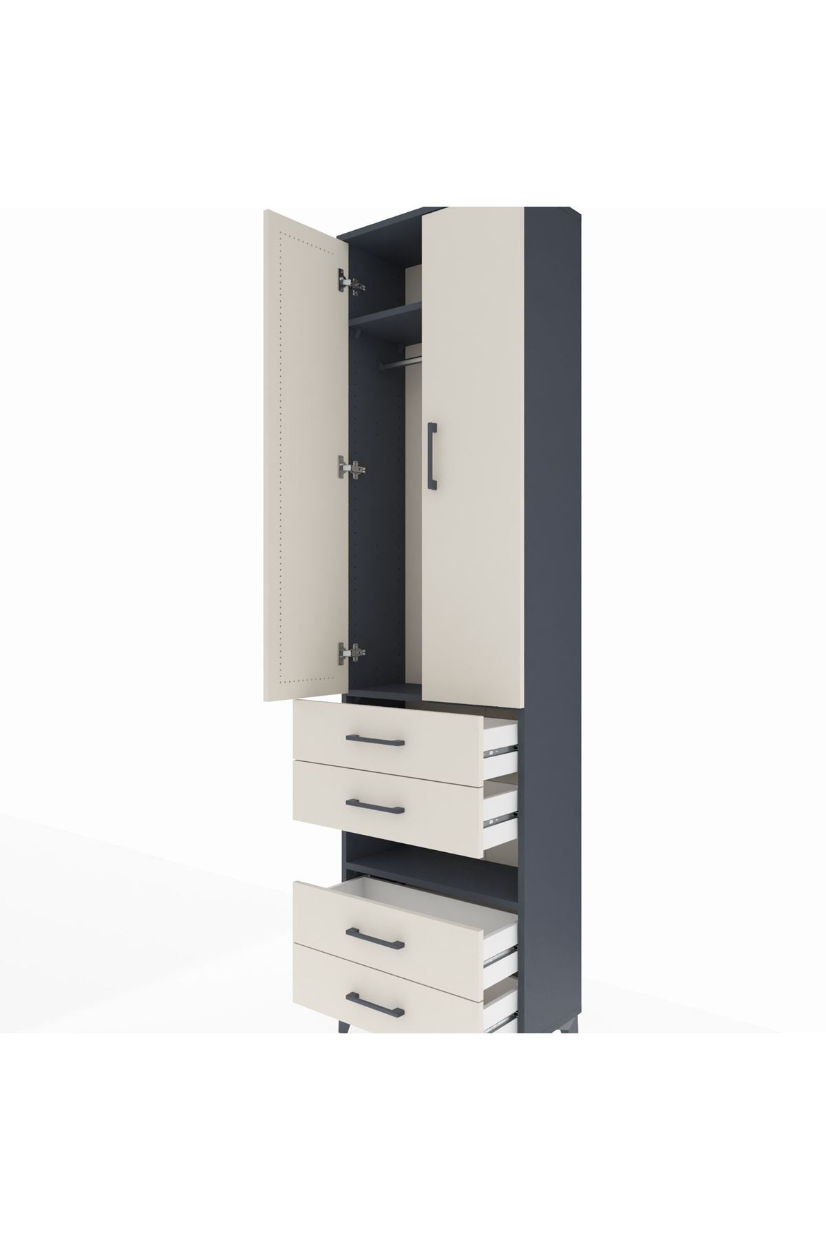 Arges Dolap 3 Raflı 4 Çekmeceli Tek Askılı 60x30x221 Antrasit-Aytaşı