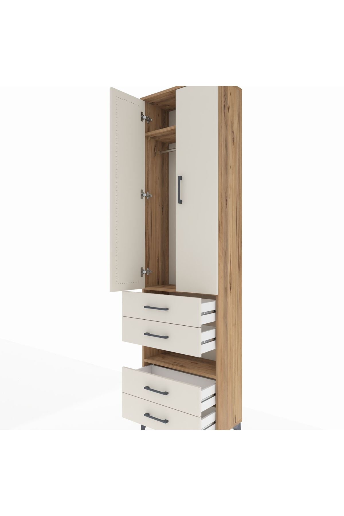 Arges Dolap 3 Raflı 4 Çekmeceli Tek Askılı 60x30x221 Çam-Aytaşı