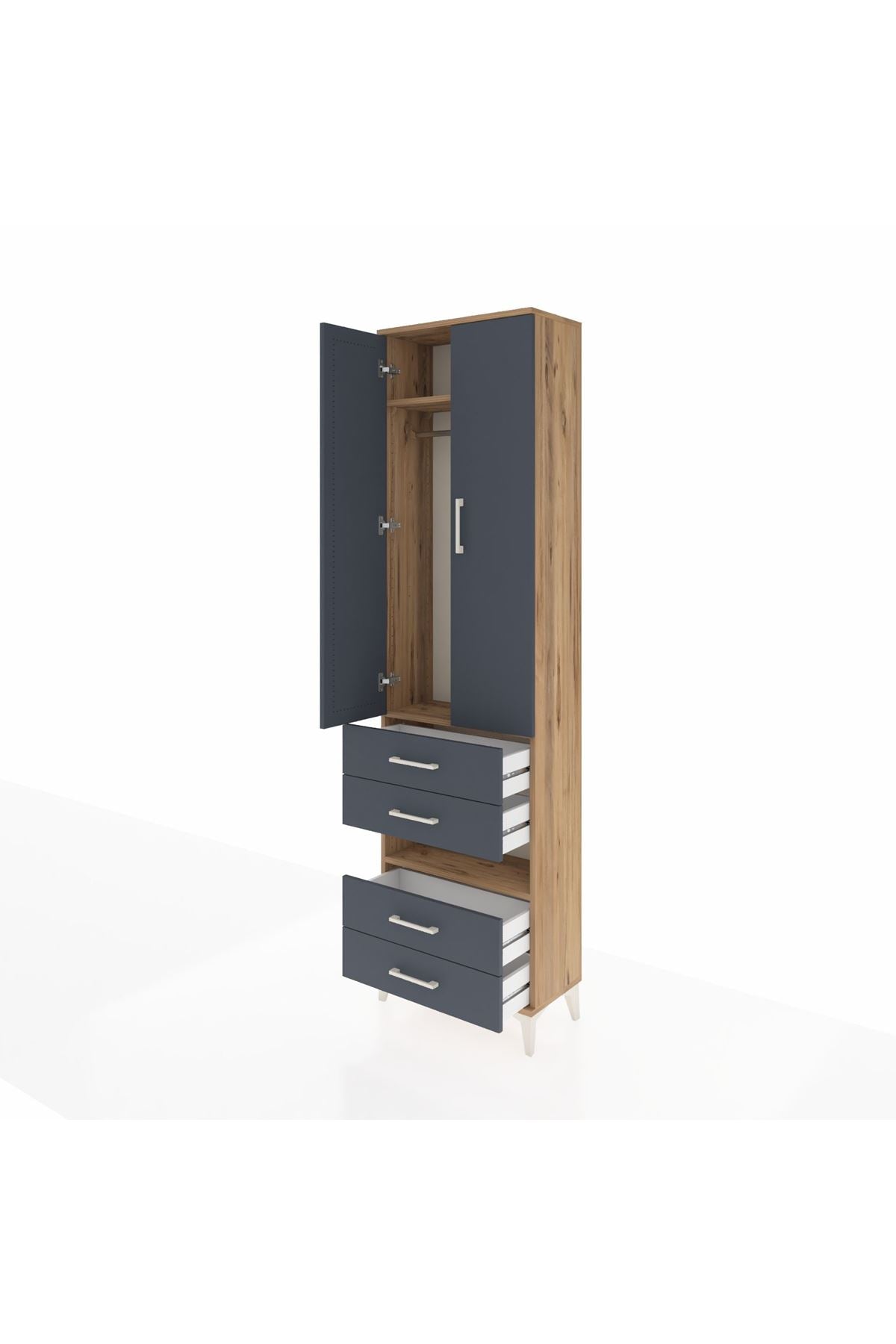 Arges Dolap 3 Raflı 4 Çekmeceli Tek Askılı 60x30x221 Çam-Antrasit