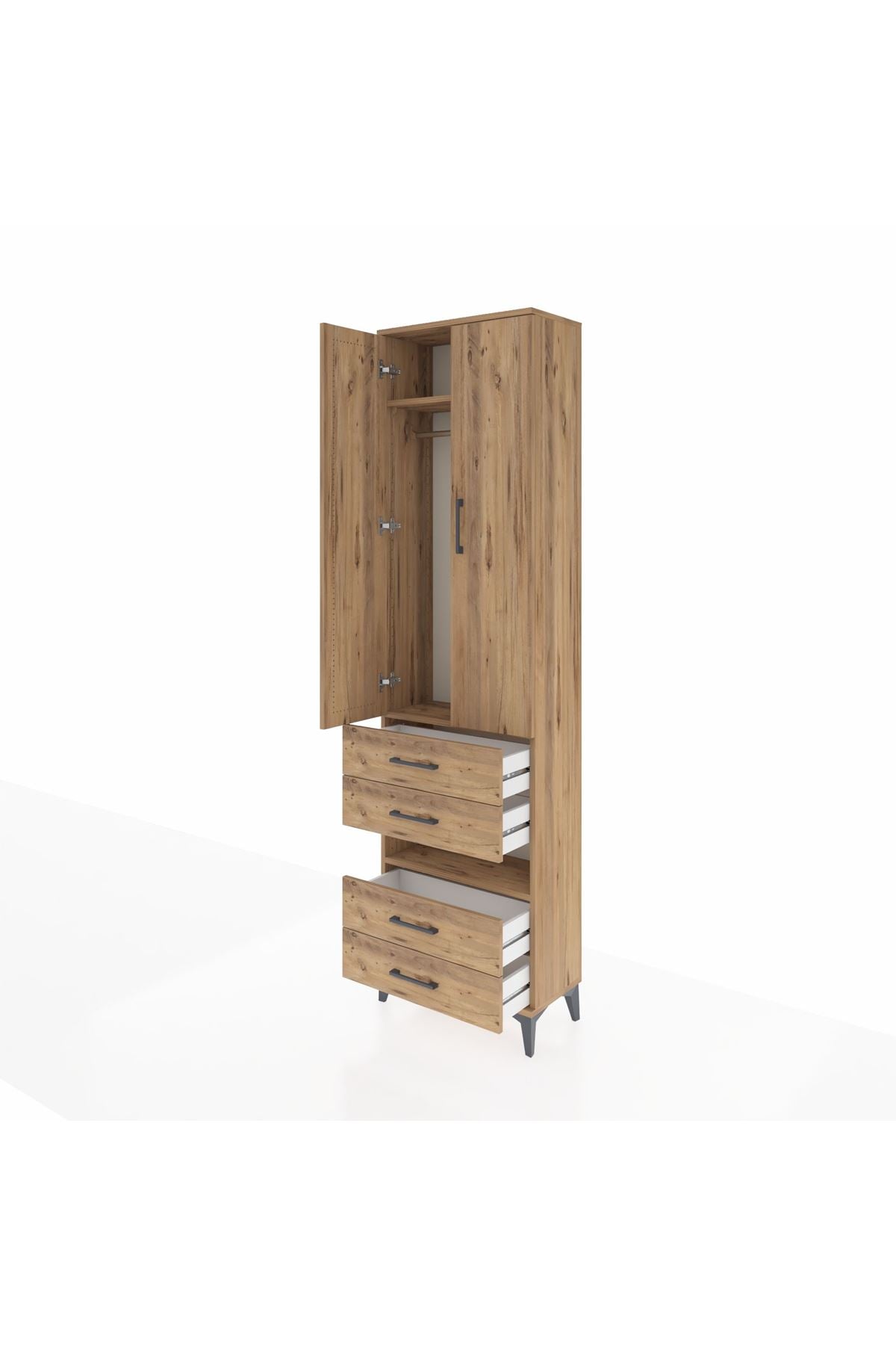 Arges Dolap 3 Raflı 4 Çekmeceli Tek Askılı 60x30x221 Çam-Çam