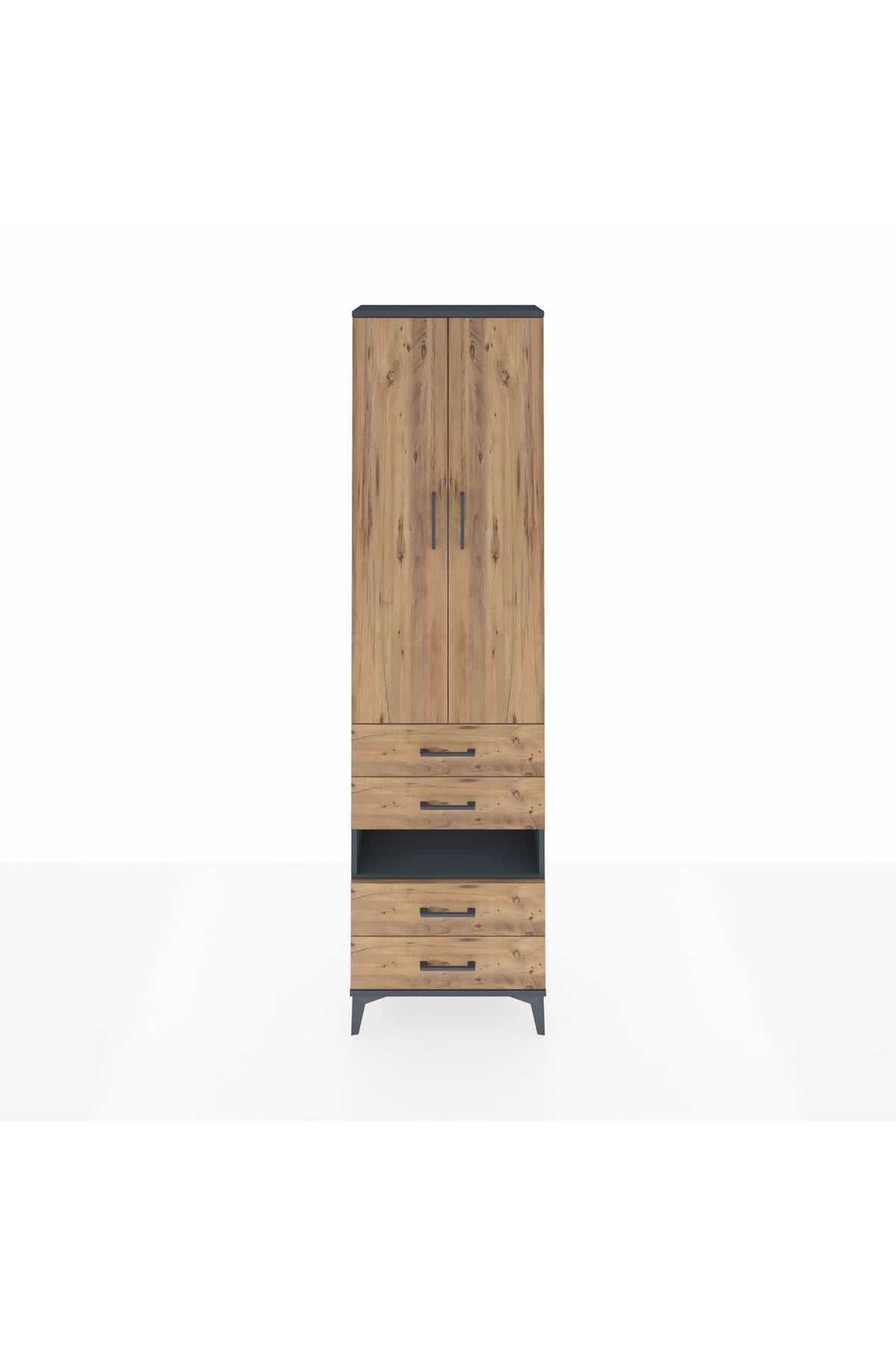 Arges Dolap 4 Raflı 4 Çekmeceli 2 Kapaklı 60x30x221 Antrasit-Çam