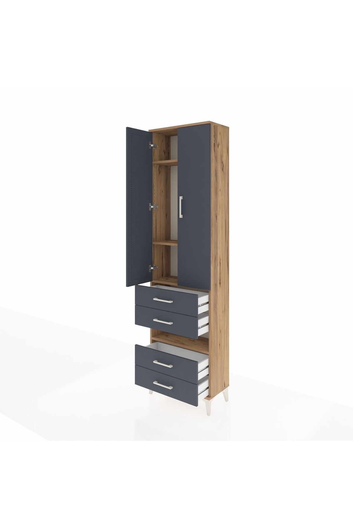 Arges Dolap 4 Raflı 4 Çekmeceli 2 Kapaklı 60x30x221 Çam-Antrasit