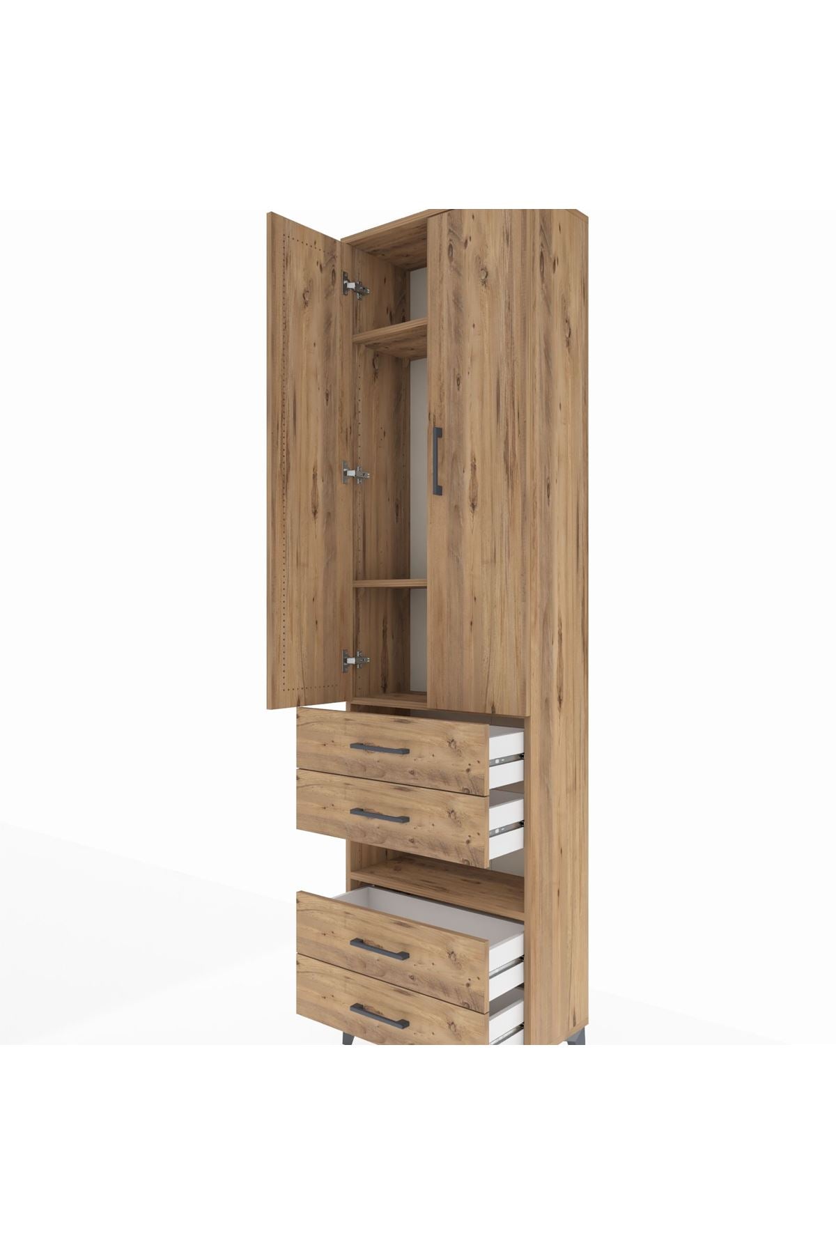 Arges Dolap 4 Raflı 4 Çekmeceli 2 Kapaklı 60x30x221 Çam-Çam