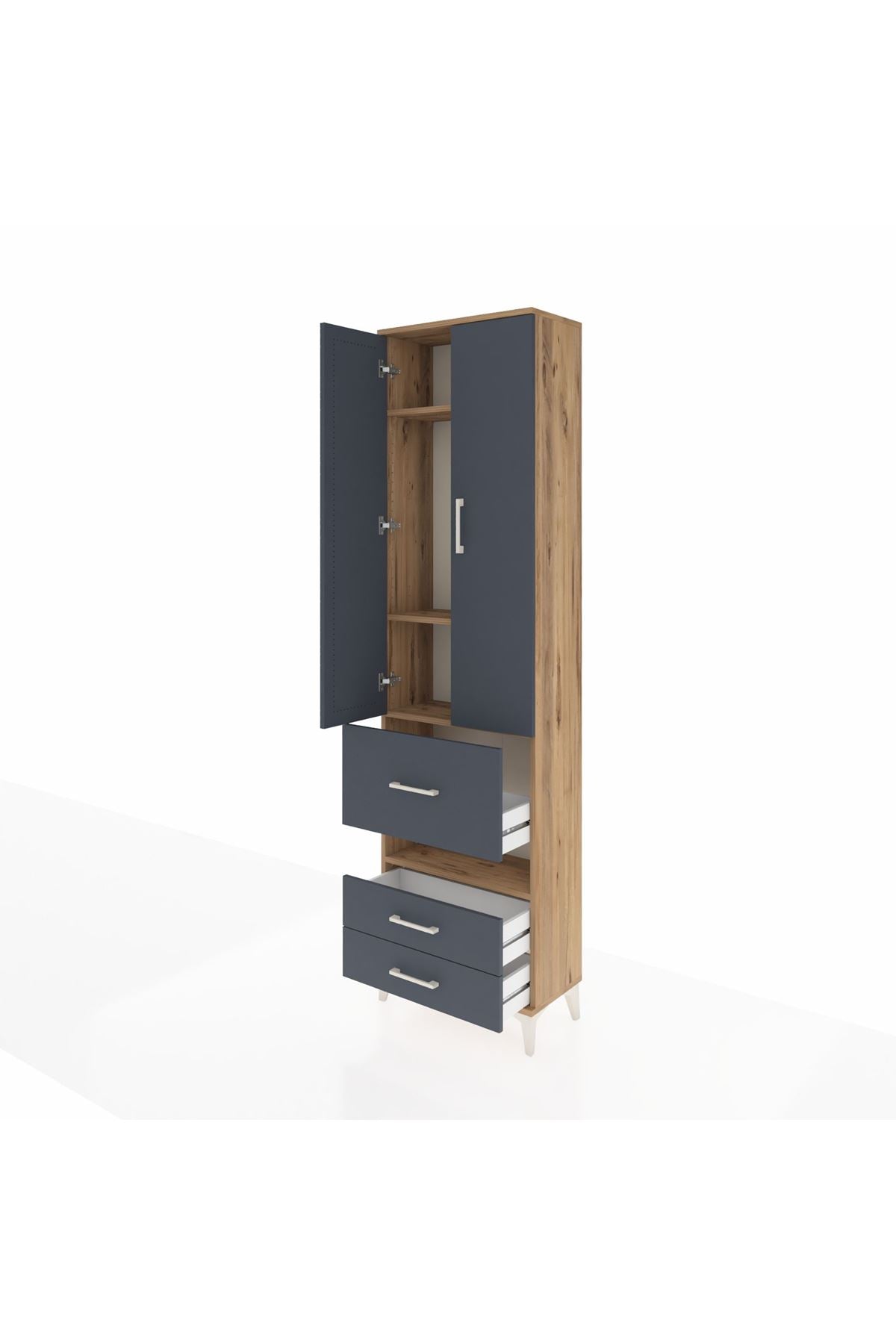 Arges Dolap 4 Raflı 3 Çekmeceli 2 Kapaklı 60x30x221 Çam-Antrasit