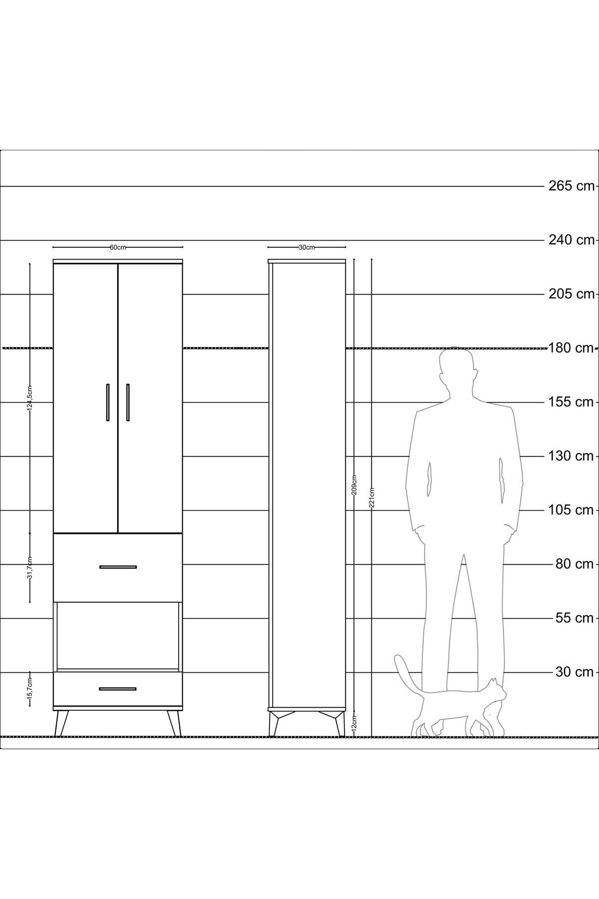 Arges Dolap 3 Raflı 2 Çekmeceli Tek Askılı 60x30x221 Antrasit-Çam