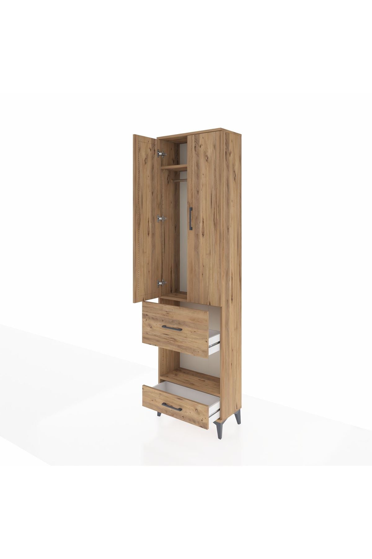 Arges Dolap 3 Raflı 2 Çekmeceli Tek Askılı 60x30x221 Çam-Çam